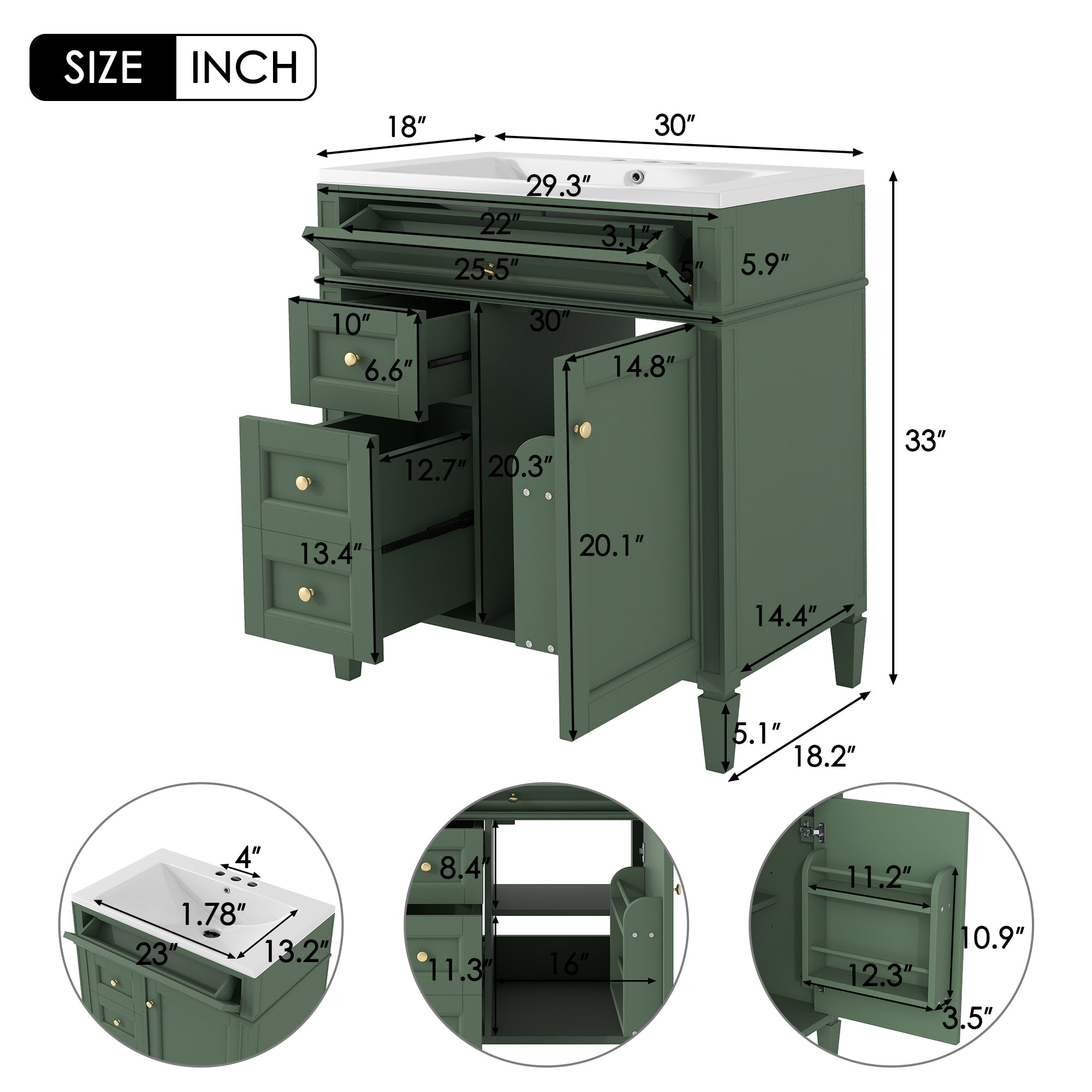 30/36 inches Freestanding Bathroom Vanity Set with Integrated Resin Sink and Drawers