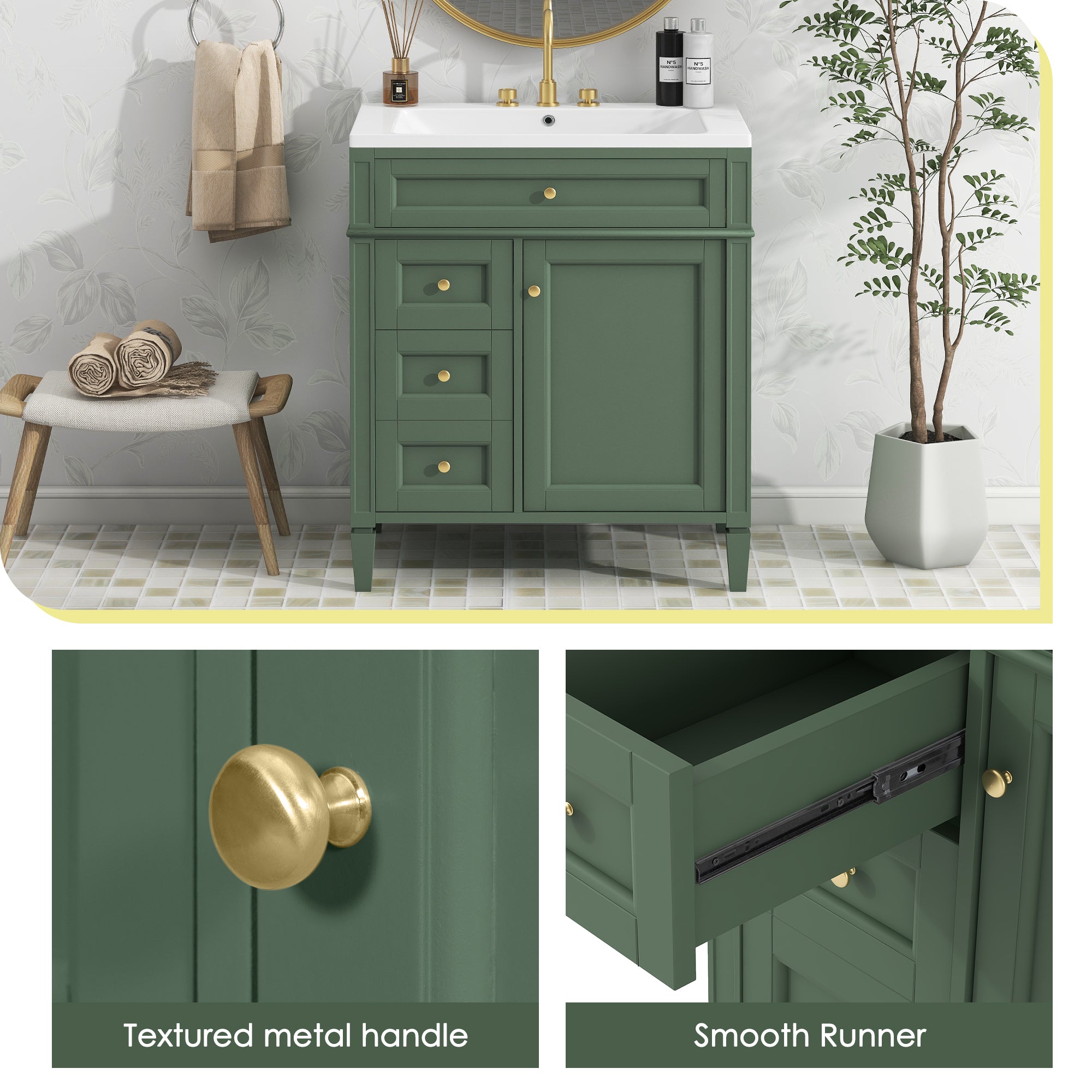 30/36 inches Freestanding Bathroom Vanity Set with Integrated Resin Sink and Drawers