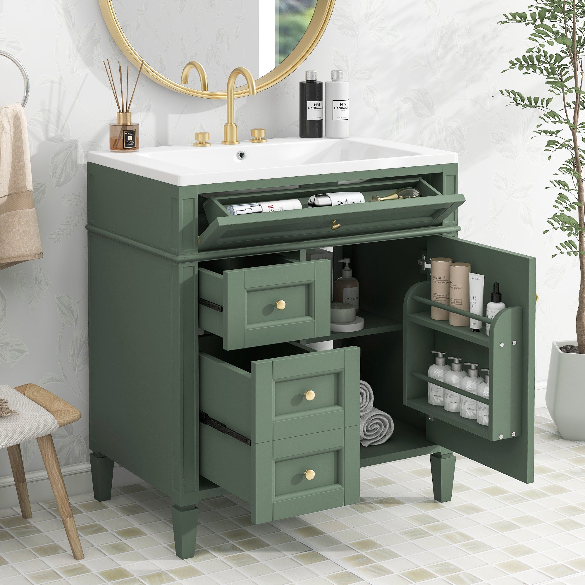 30/36 inches Freestanding Bathroom Vanity Set with Integrated Resin Sink and Drawers