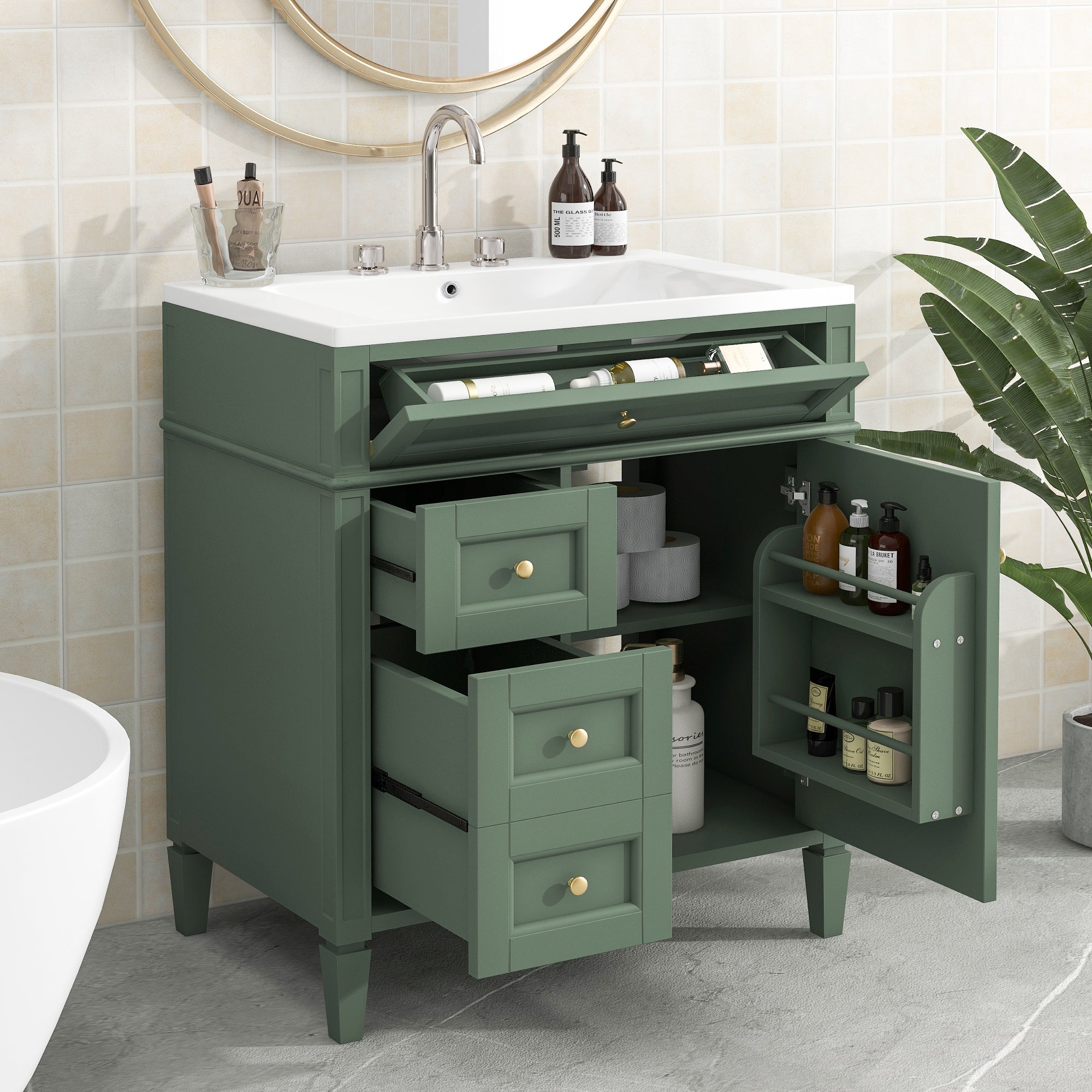 30/36 inches Freestanding Bathroom Vanity Set with Integrated Resin Sink and Drawers