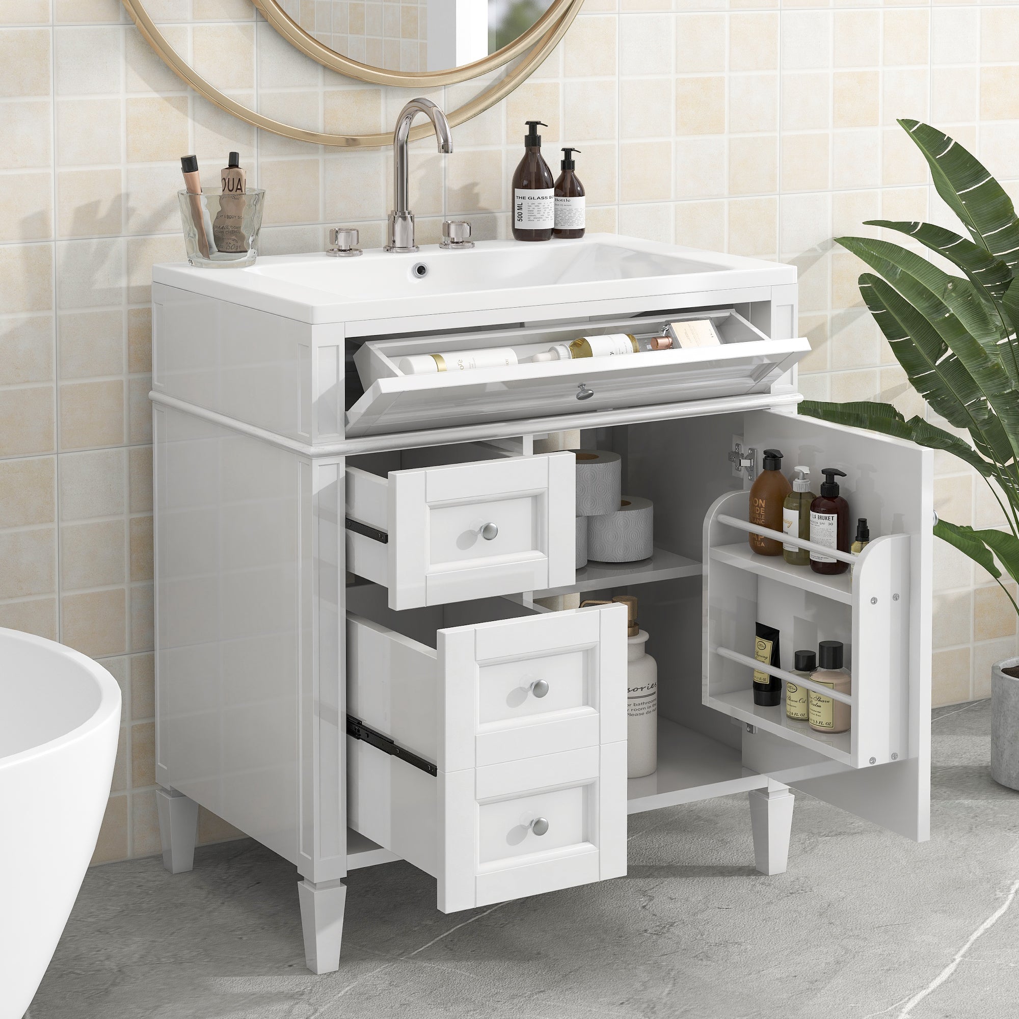 30/36 inches Freestanding Bathroom Vanity Set with Integrated Resin Sink and Drawers