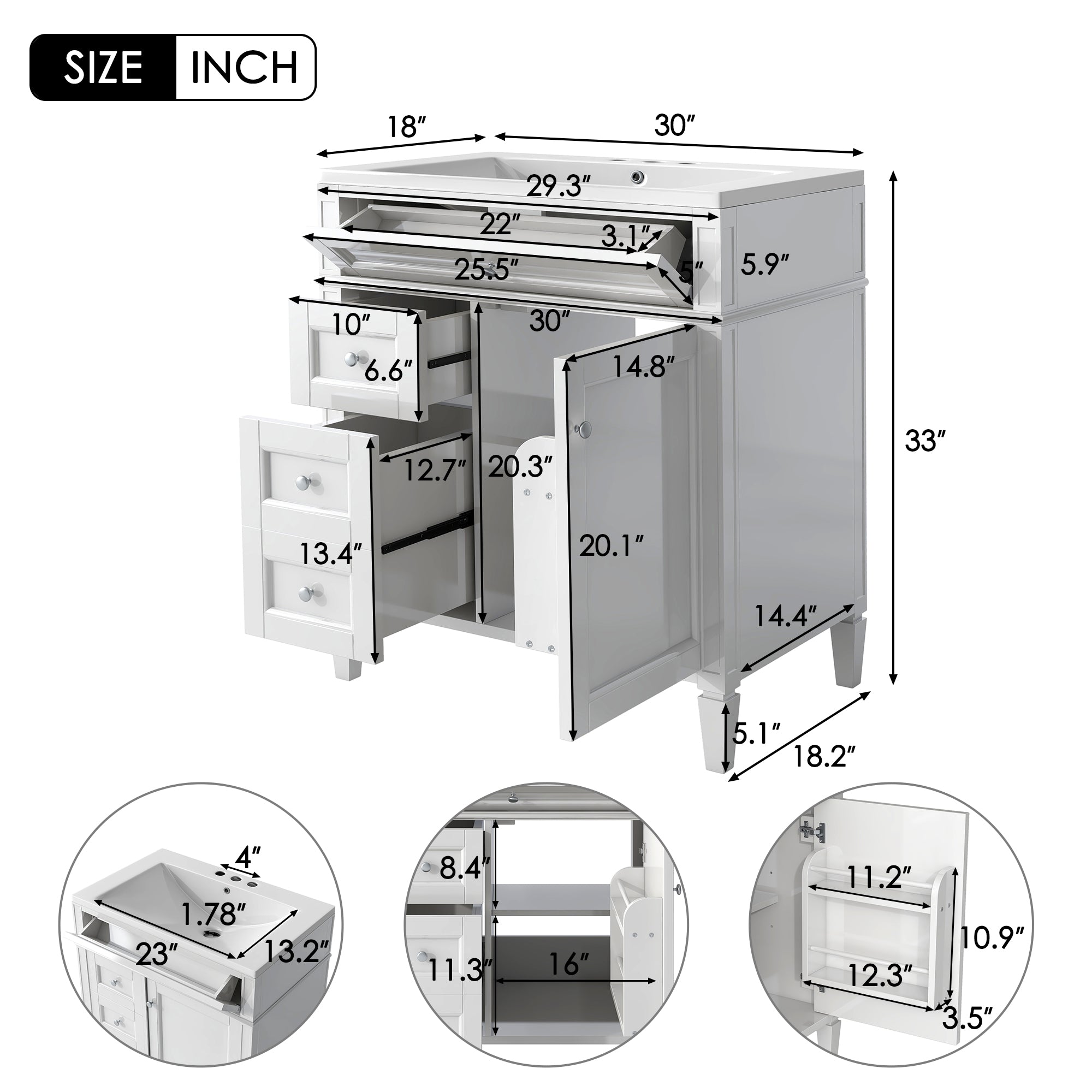 30/36 inches Freestanding Bathroom Vanity Set with Integrated Resin Sink and Drawers