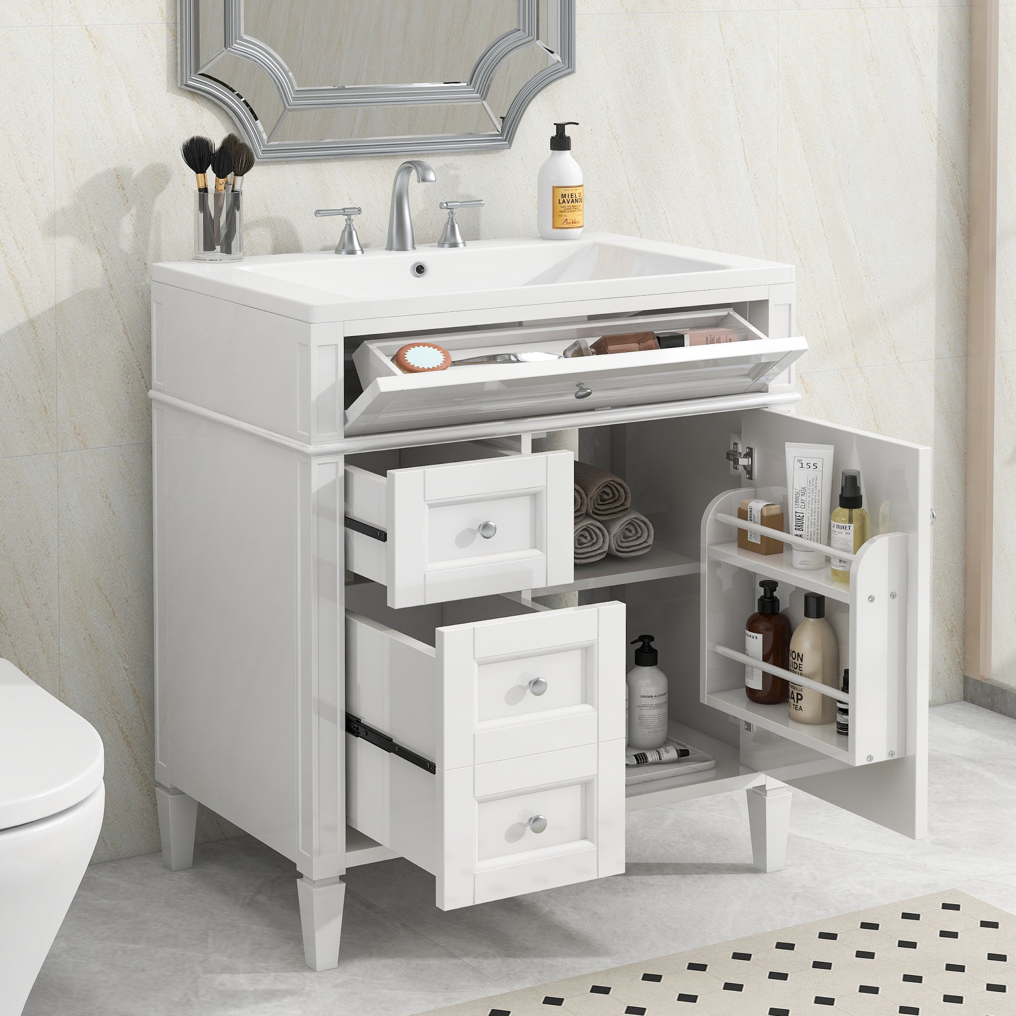 30/36 inches Freestanding Bathroom Vanity Set with Integrated Resin Sink and Drawers