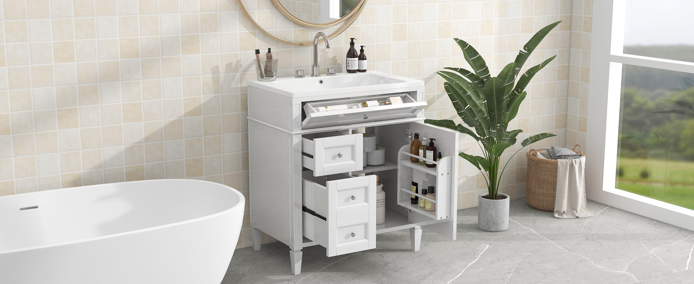 30/36 inches Freestanding Bathroom Vanity Set with Integrated Resin Sink and Drawers