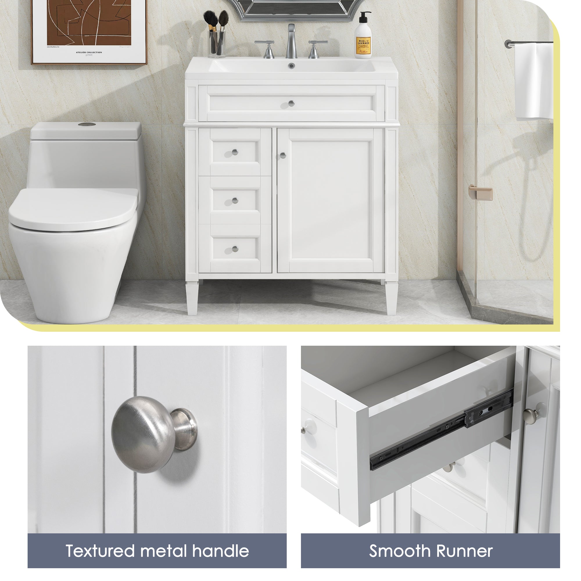 30/36 inches Freestanding Bathroom Vanity Set with Integrated Resin Sink and Drawers