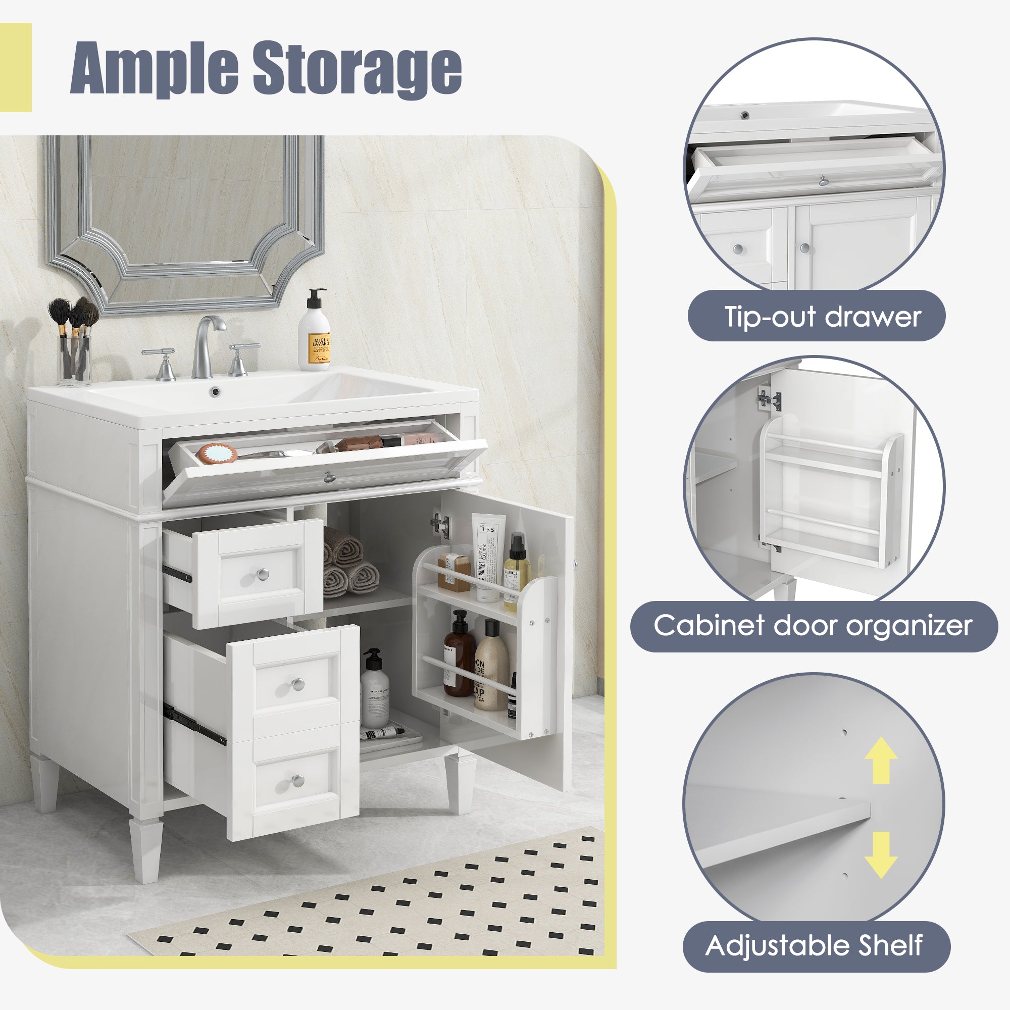 30/36 inches Freestanding Bathroom Vanity Set with Integrated Resin Sink and Drawers