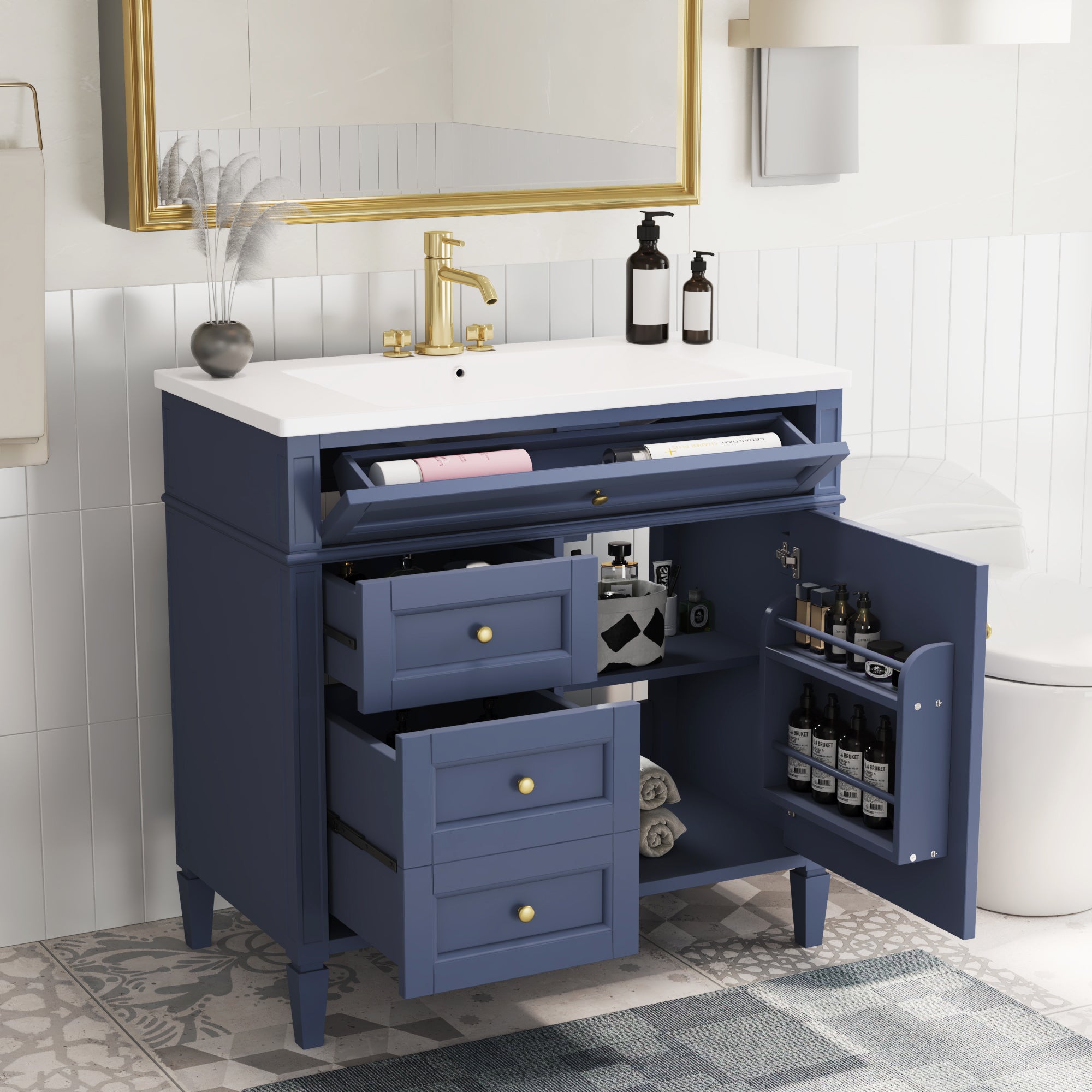 30/36 inches Freestanding Bathroom Vanity Set with Integrated Resin Sink and Drawers