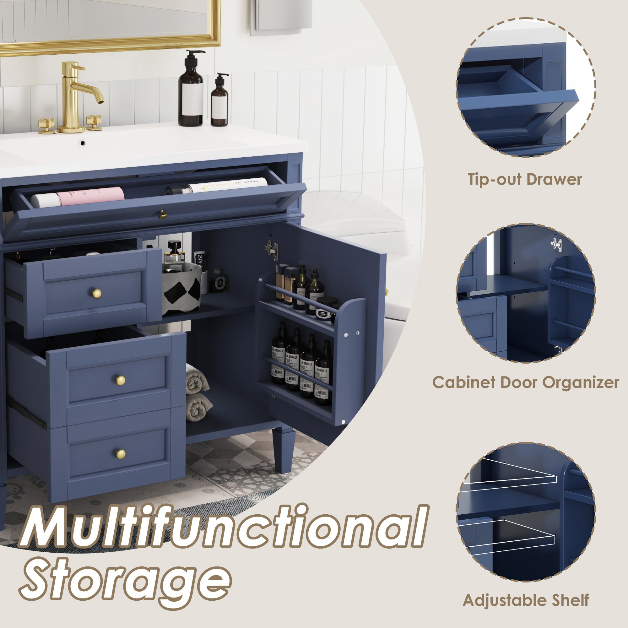 30/36 inches Freestanding Bathroom Vanity Set with Integrated Resin Sink and Drawers
