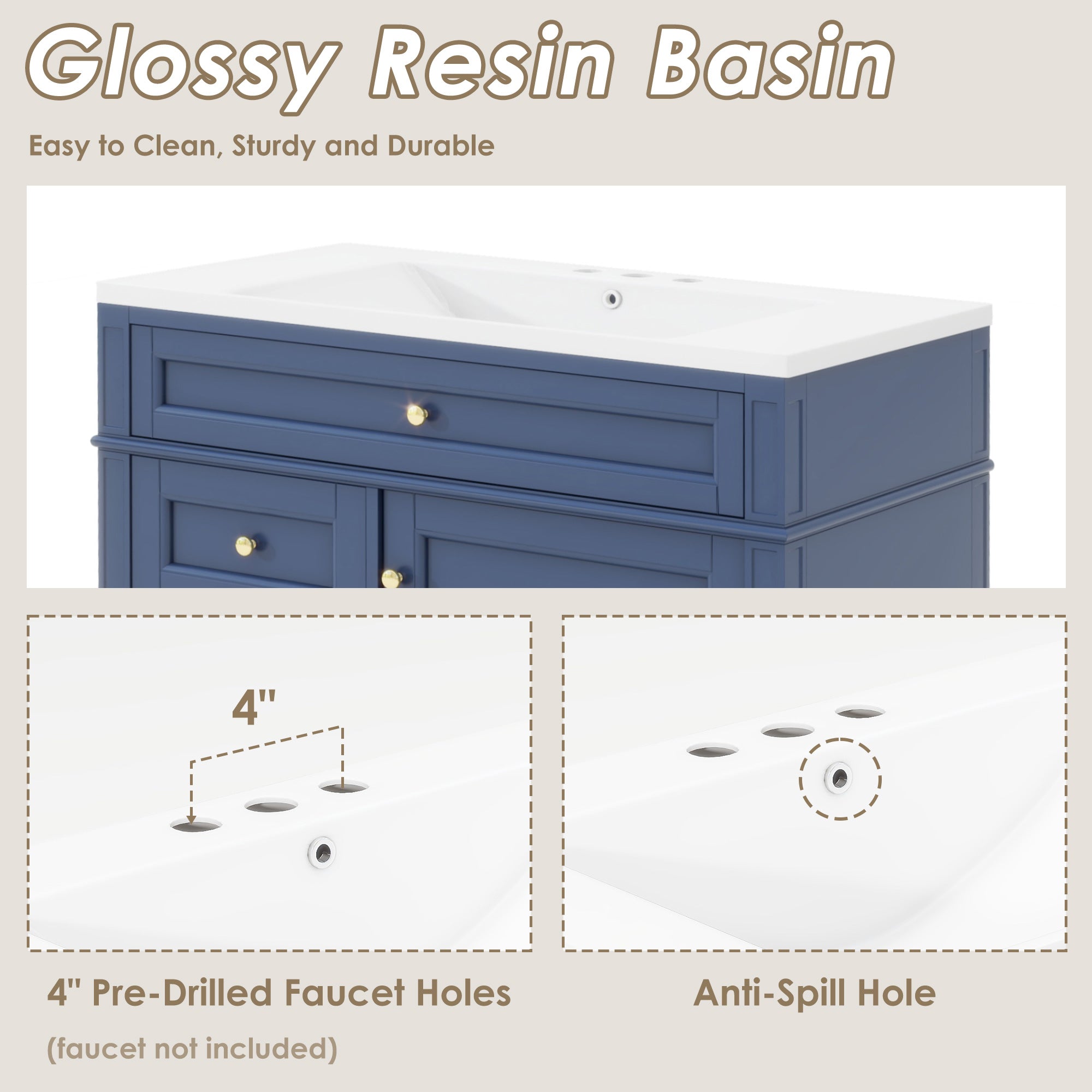 30/36 inches Freestanding Bathroom Vanity Set with Integrated Resin Sink and Drawers