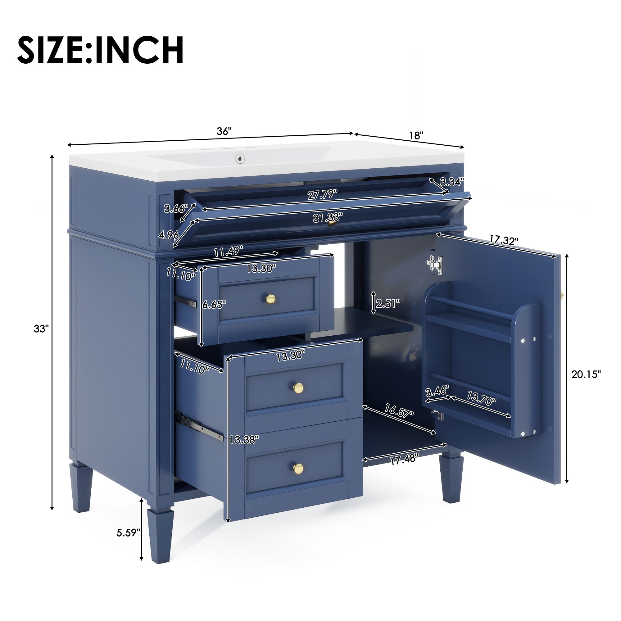 30/36 inches Freestanding Bathroom Vanity Set with Integrated Resin Sink and Drawers