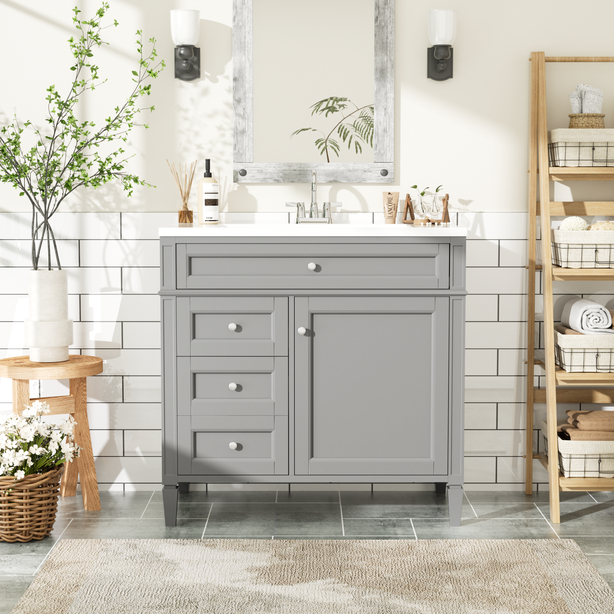30/36 inches Freestanding Bathroom Vanity Set with Integrated Resin Sink and Drawers