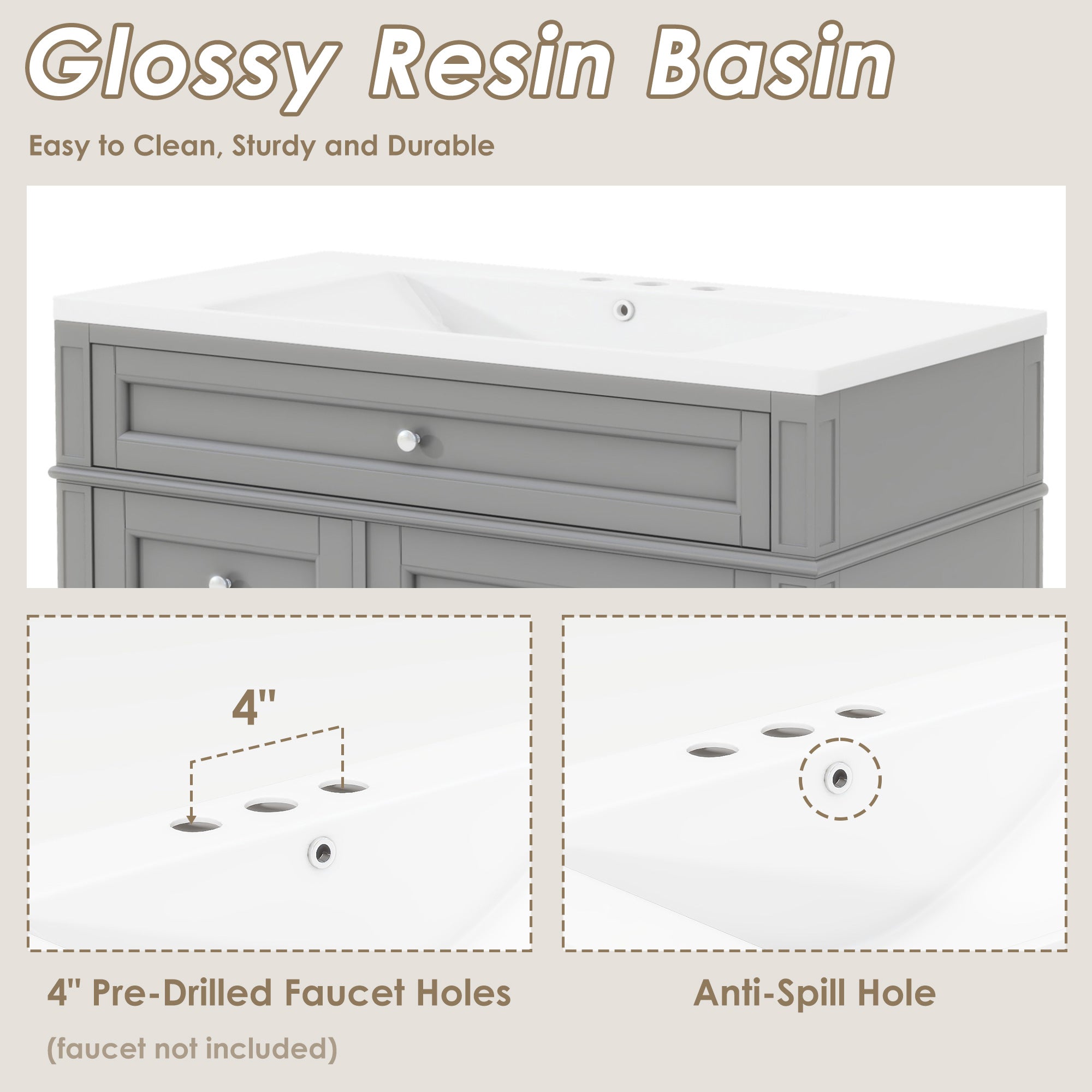 30/36 inches Freestanding Bathroom Vanity Set with Integrated Resin Sink and Drawers