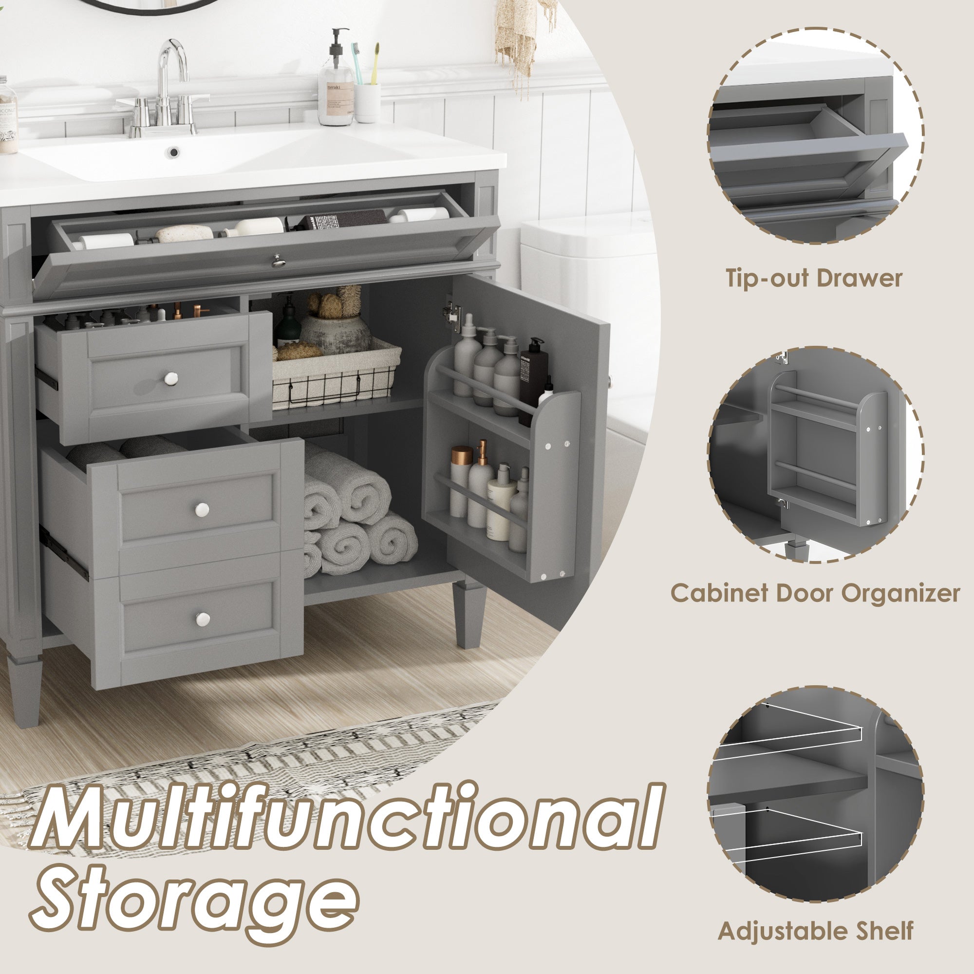 30/36 inches Freestanding Bathroom Vanity Set with Integrated Resin Sink and Drawers