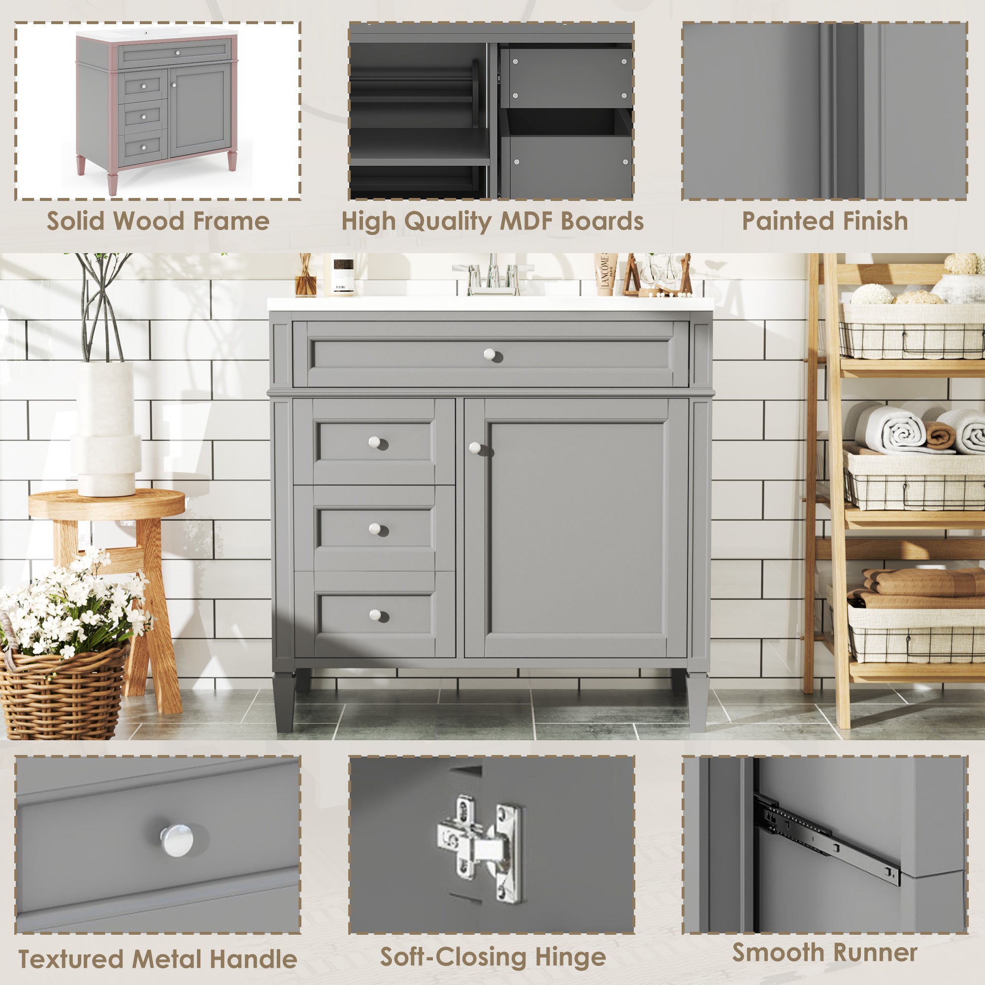 30/36 inches Freestanding Bathroom Vanity Set with Integrated Resin Sink and Drawers