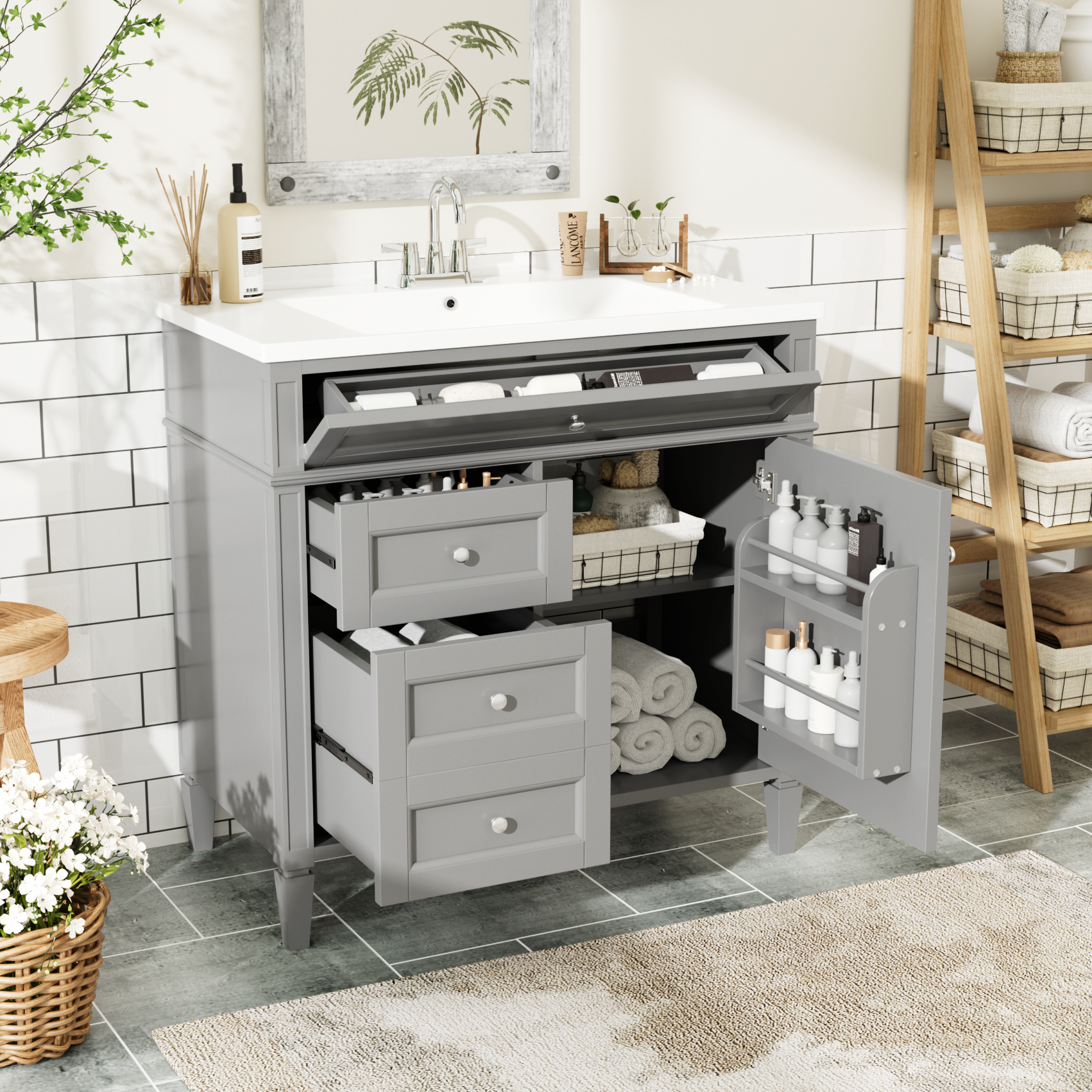 30/36 inches Freestanding Bathroom Vanity Set with Integrated Resin Sink and Drawers