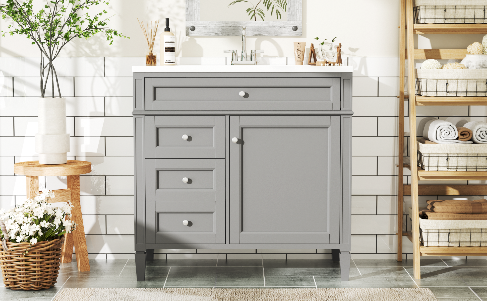 30/36 inches Freestanding Bathroom Vanity Set with Integrated Resin Sink and Drawers