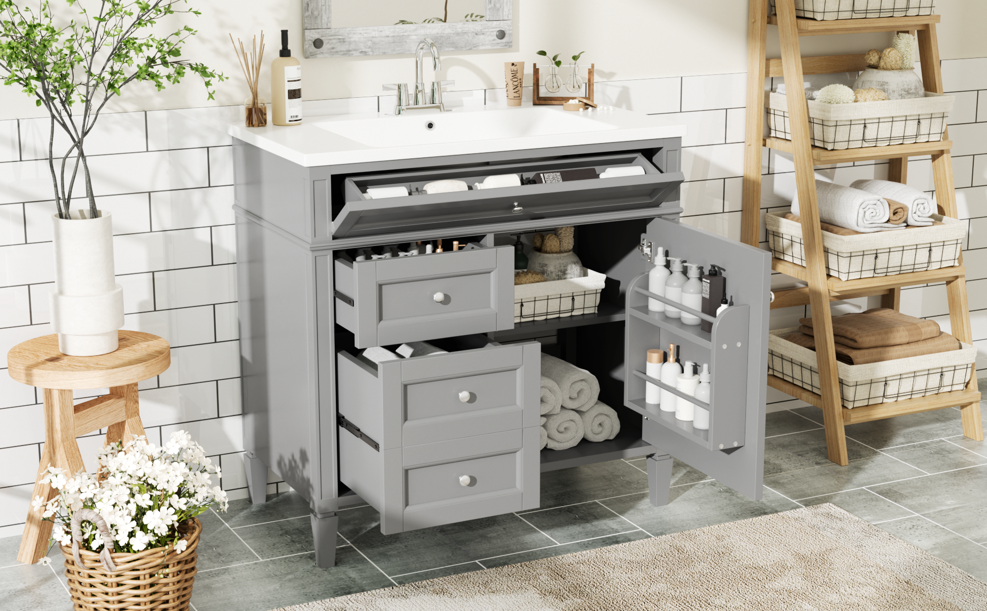 30/36 inches Freestanding Bathroom Vanity Set with Integrated Resin Sink and Drawers