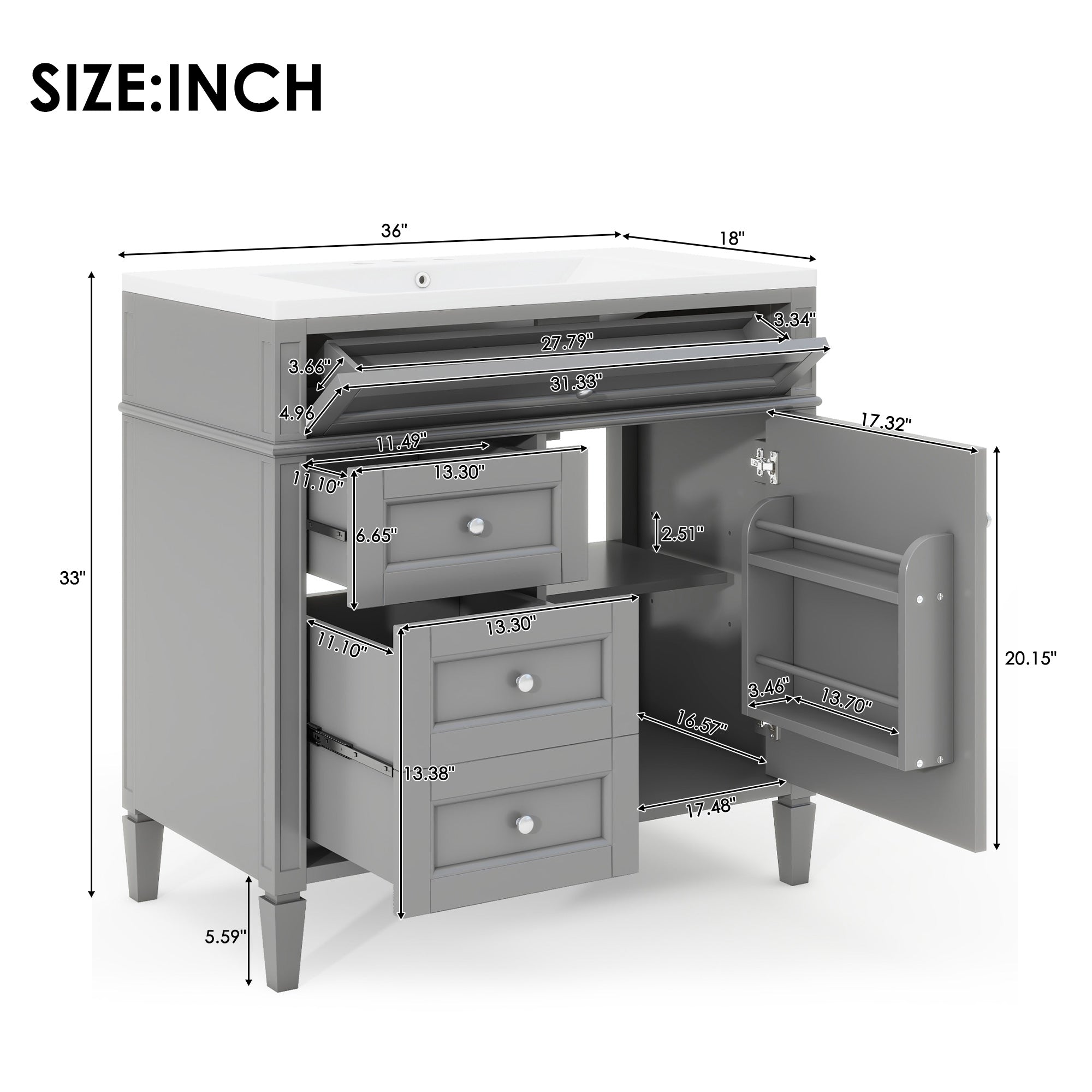 30/36 inches Freestanding Bathroom Vanity Set with Integrated Resin Sink and Drawers