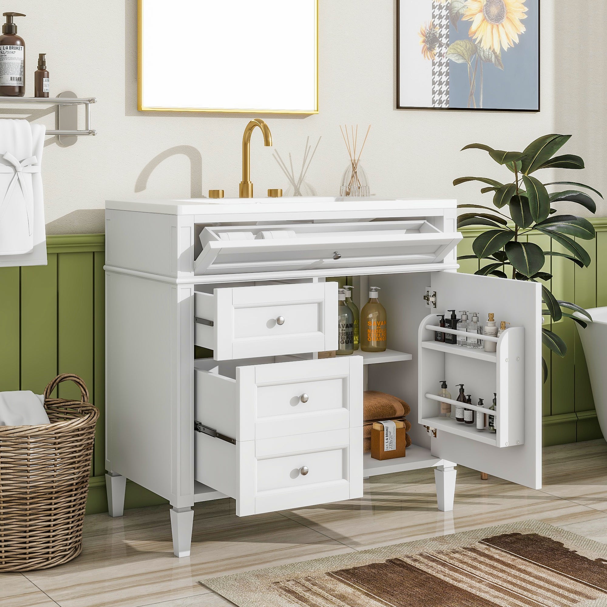30/36 inches Freestanding Bathroom Vanity Set with Integrated Resin Sink and Drawers