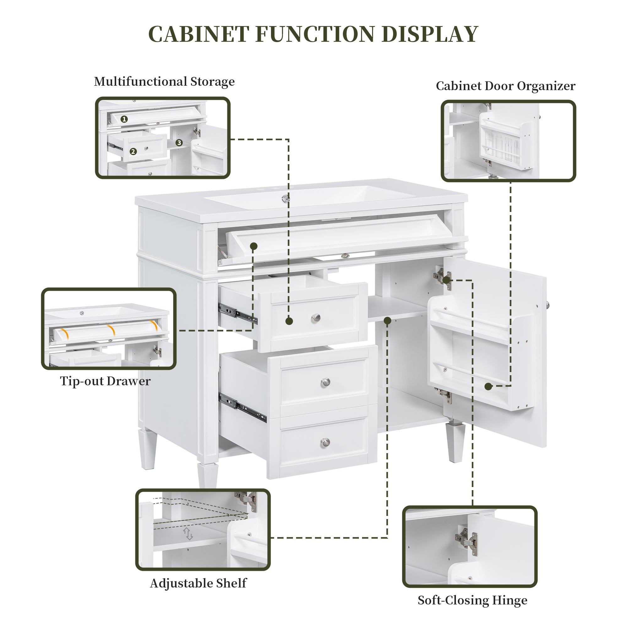 30/36 inches Freestanding Bathroom Vanity Set with Integrated Resin Sink and Drawers
