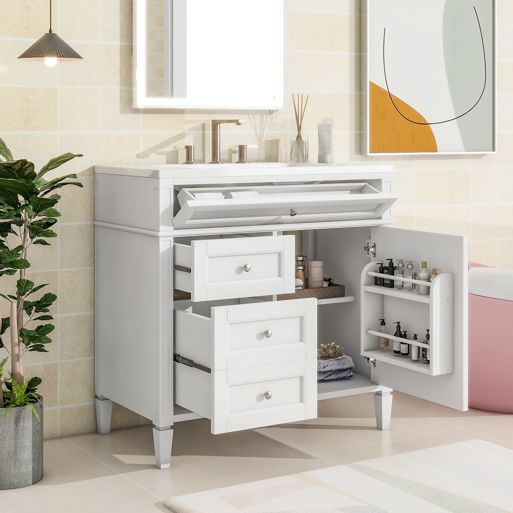 30/36 inches Freestanding Bathroom Vanity Set with Integrated Resin Sink and Drawers