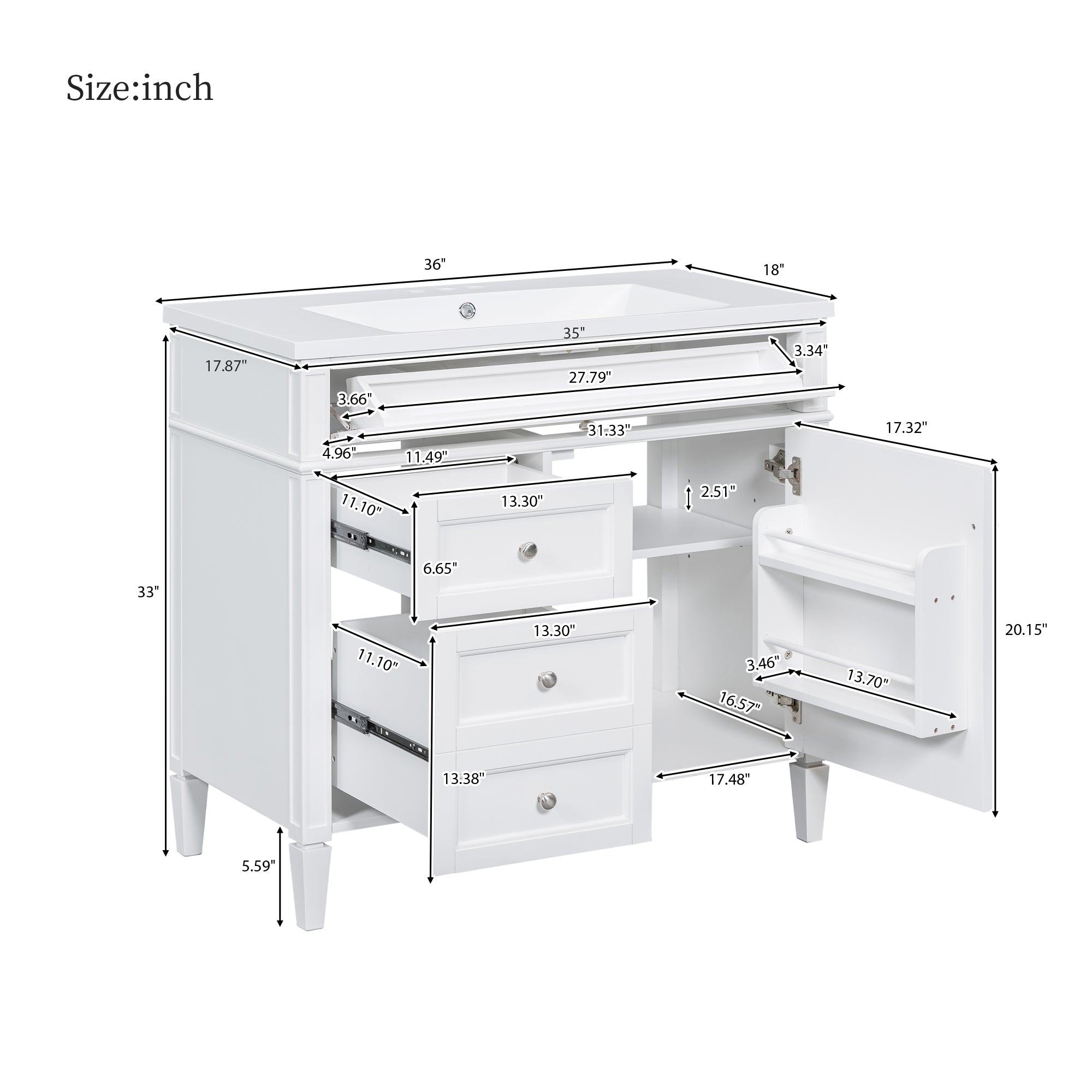 30/36 inches Freestanding Bathroom Vanity Set with Integrated Resin Sink and Drawers
