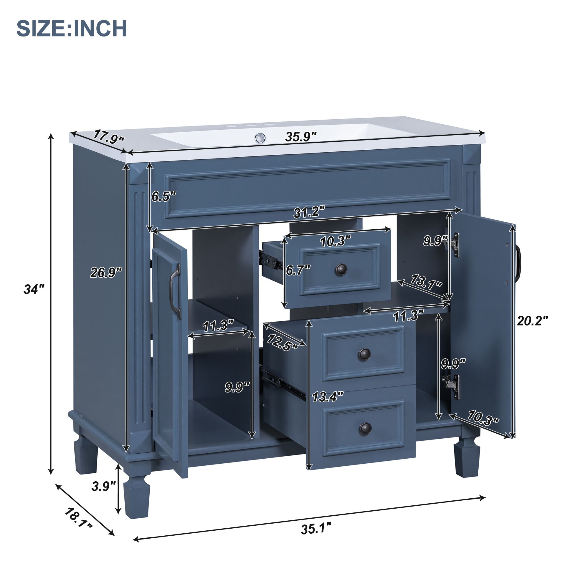 36'' Freestanding Bathroom Vanity Set in Blue with Integrated Resin Sink and Drawers