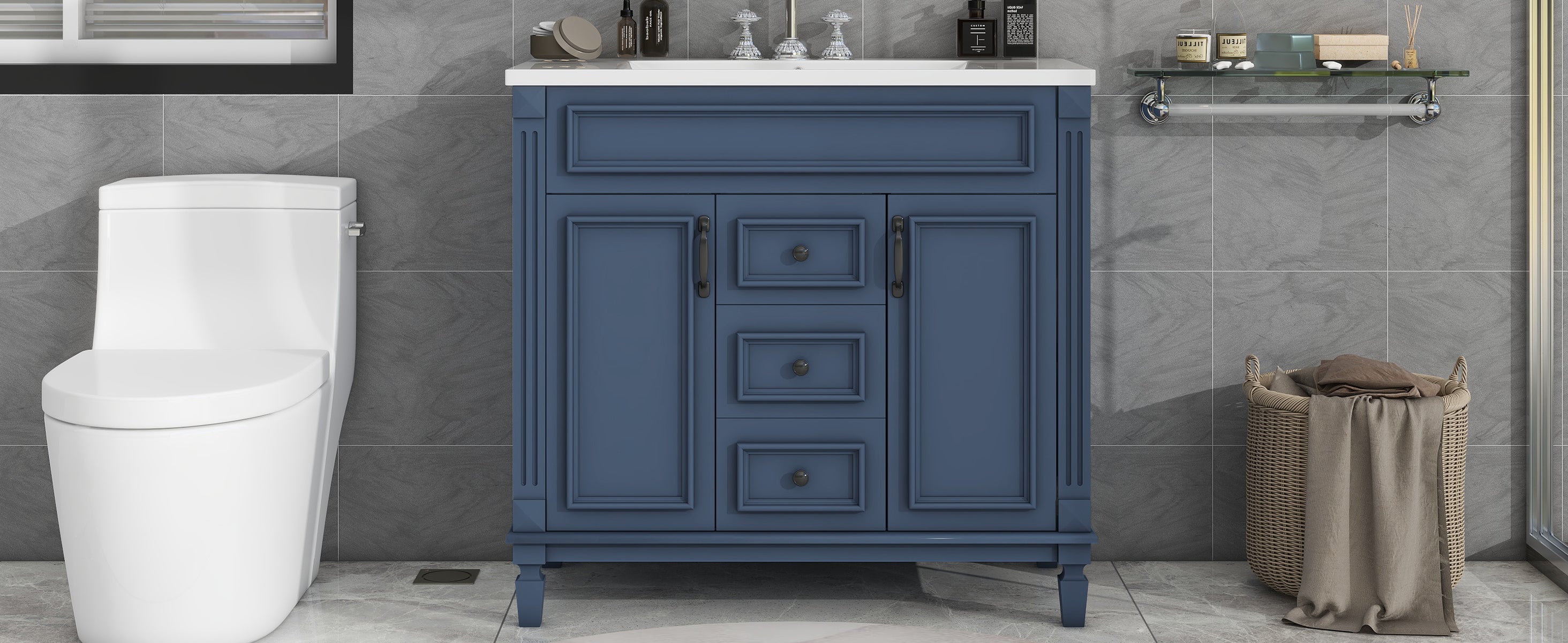 36'' Freestanding Bathroom Vanity Set in Blue with Integrated Resin Sink and Drawers