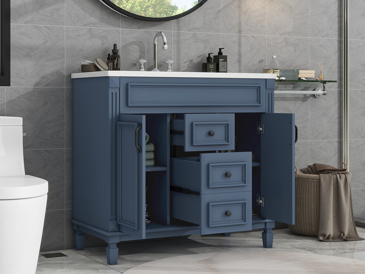 36'' Freestanding Bathroom Vanity Set in Blue with Integrated Resin Sink and Drawers