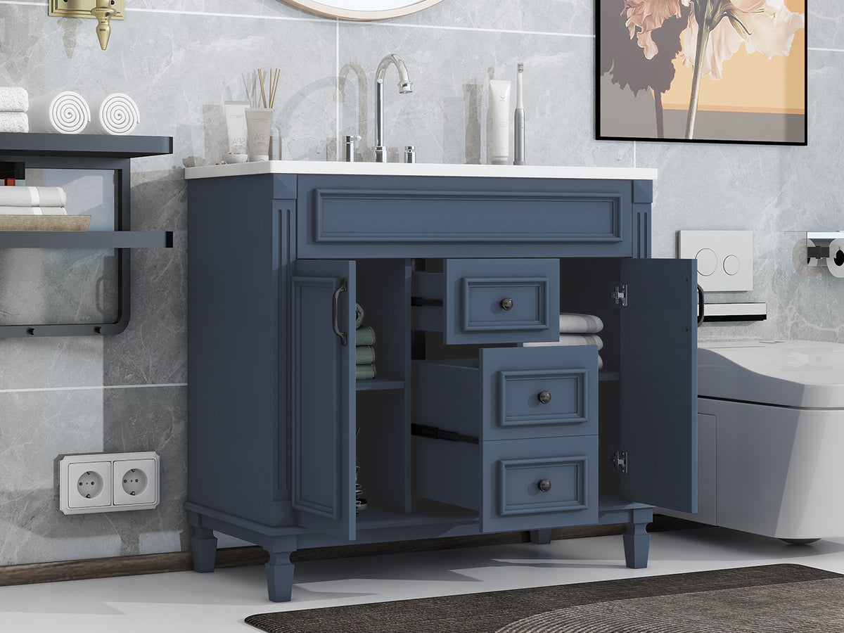 36'' Freestanding Bathroom Vanity Set in Blue with Integrated Resin Sink and Drawers