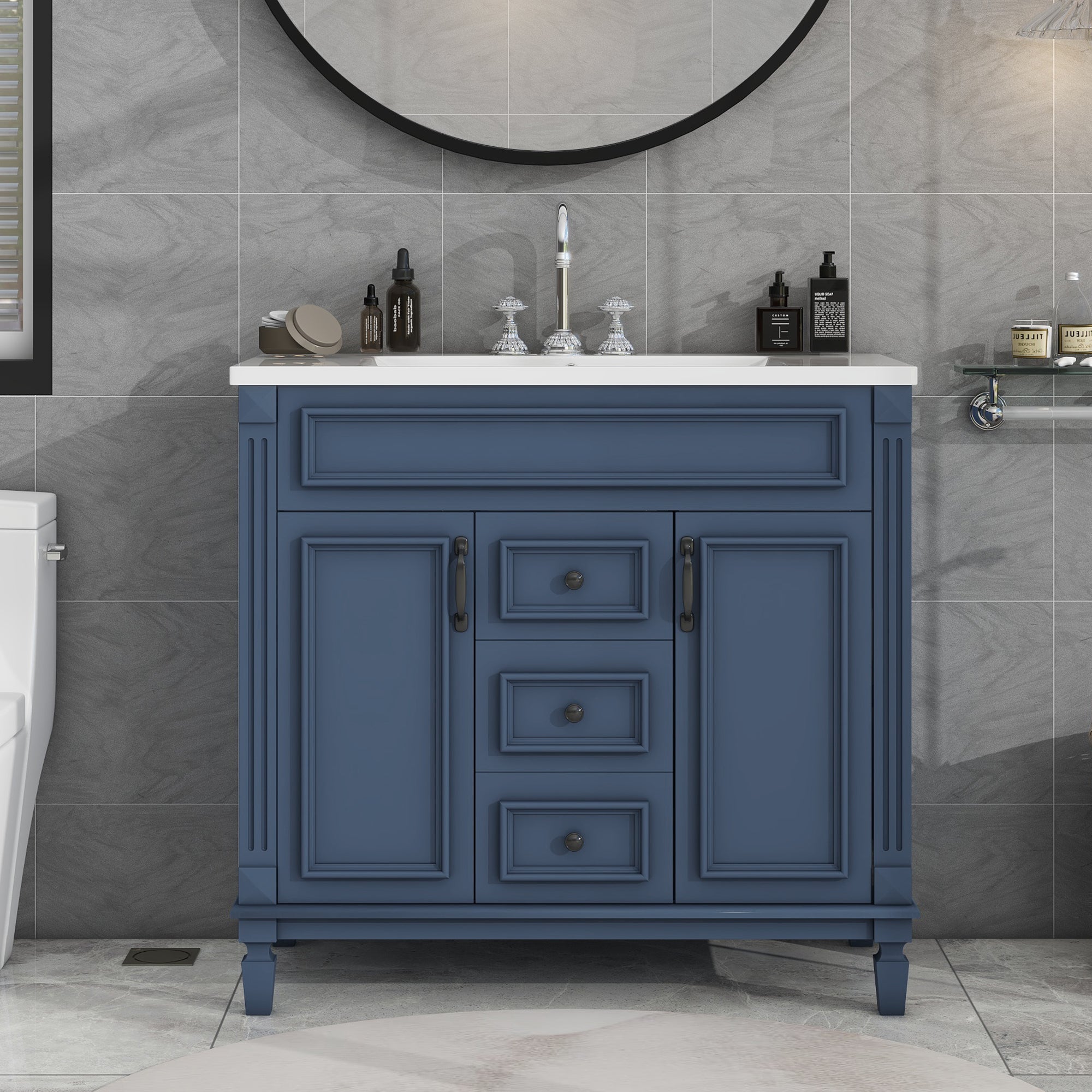 36'' Freestanding Bathroom Vanity Set in Blue with Integrated Resin Sink and Drawers