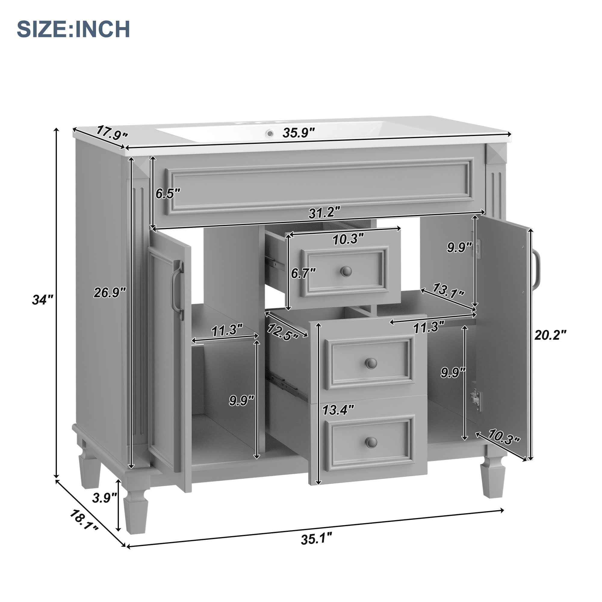 36'' Freestanding Bathroom Vanity Set with Integrated Resin Sink and Drawers
