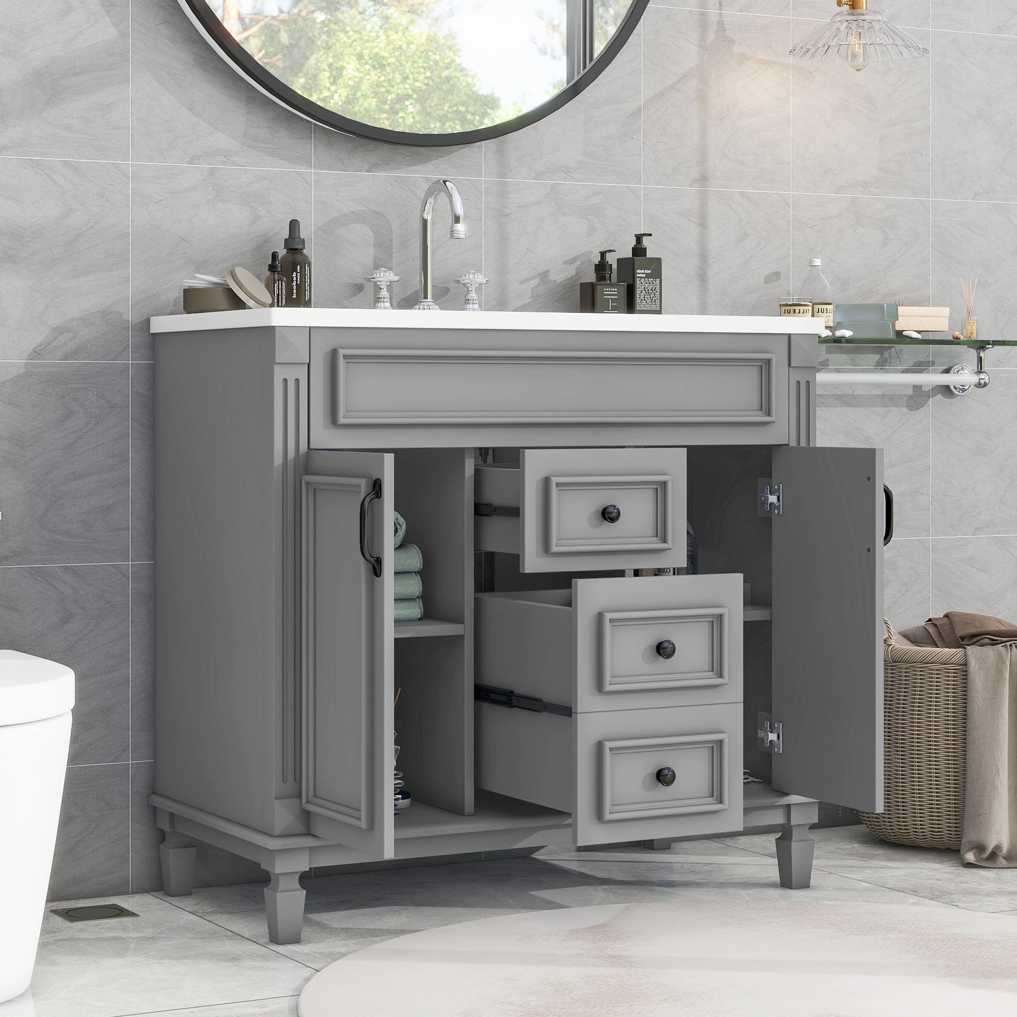 36'' Freestanding Bathroom Vanity Set with Integrated Resin Sink and Drawers