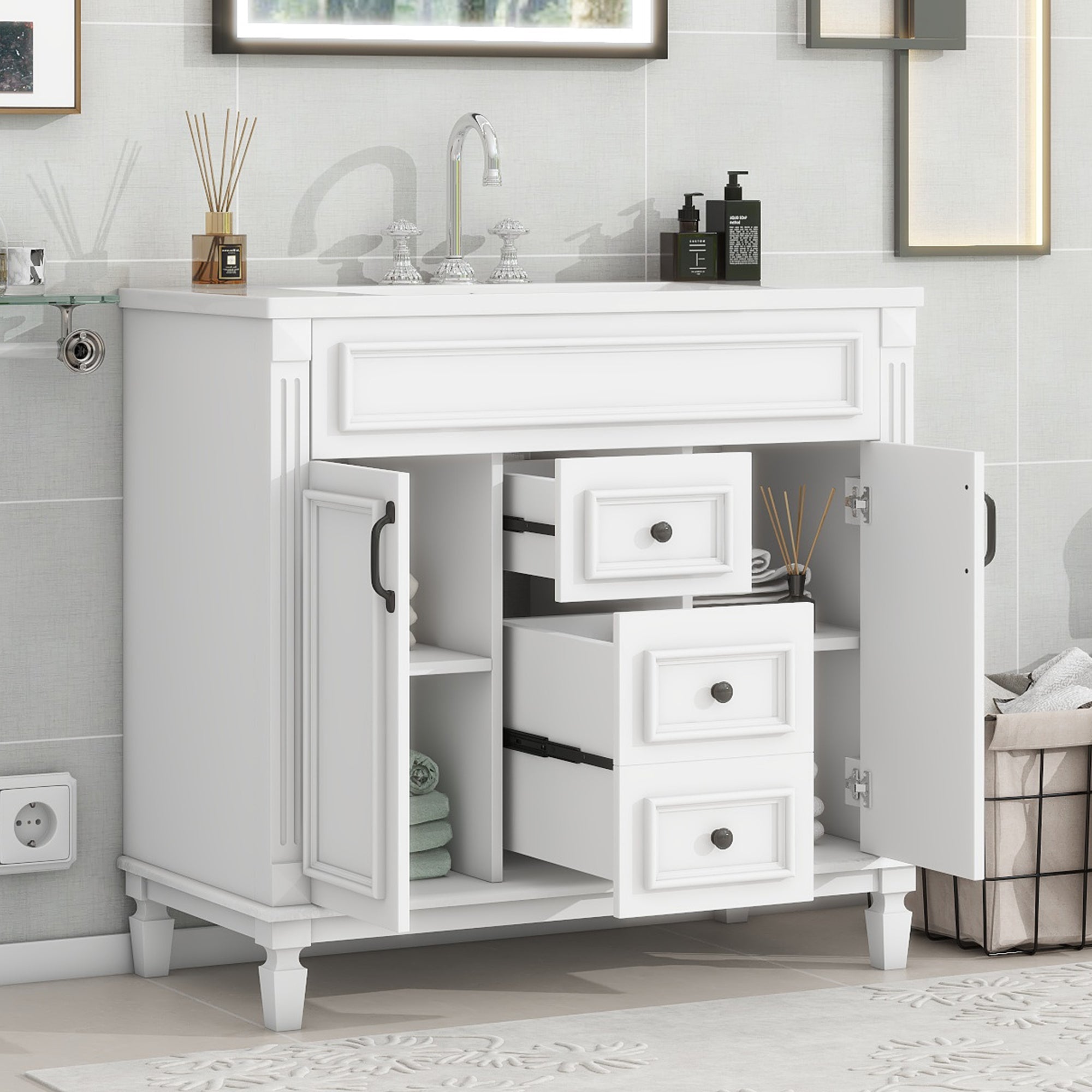 36'' Freestanding Bathroom Vanity Set with Integrated Resin Sink and Drawers