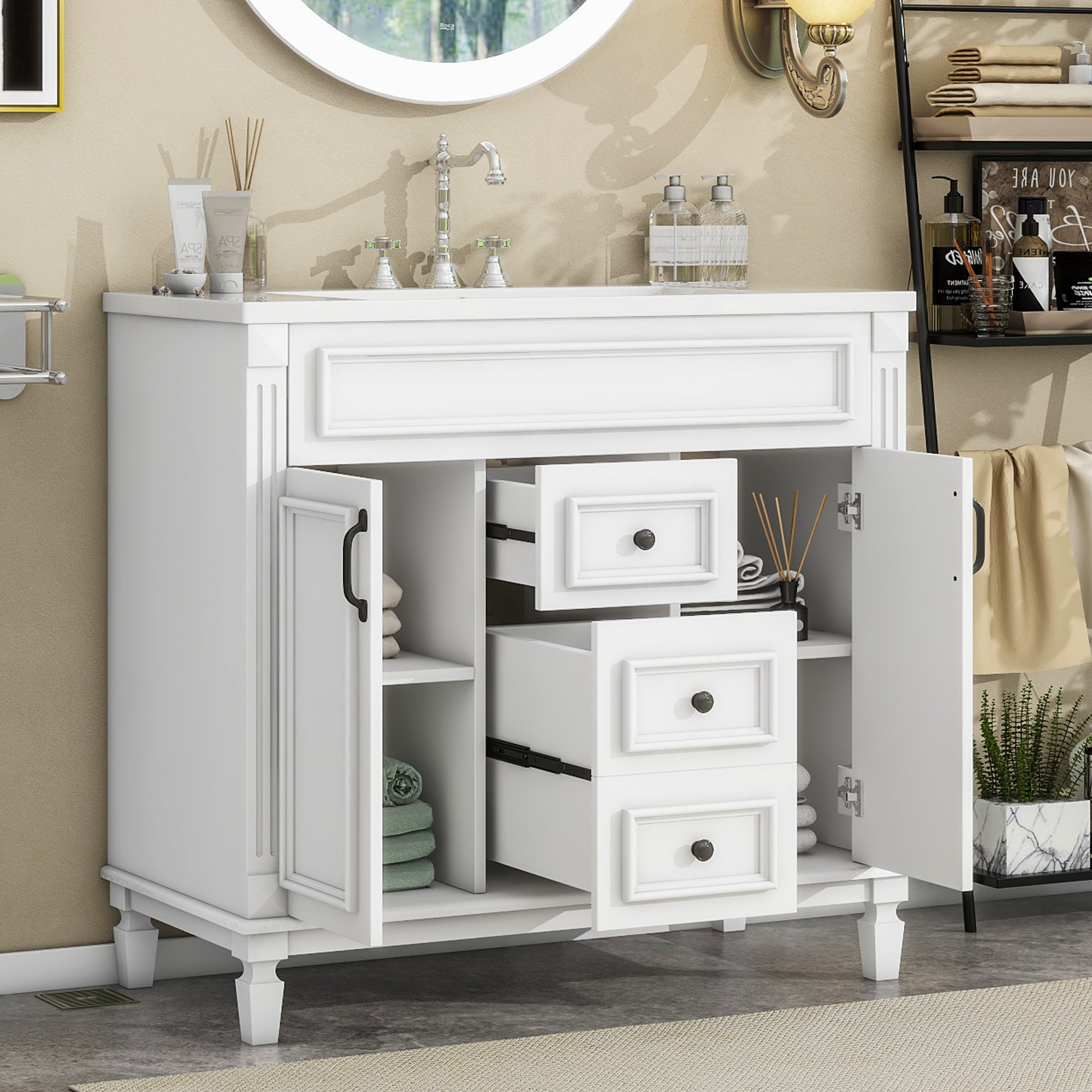 36'' Freestanding Bathroom Vanity Set with Integrated Resin Sink and Drawers
