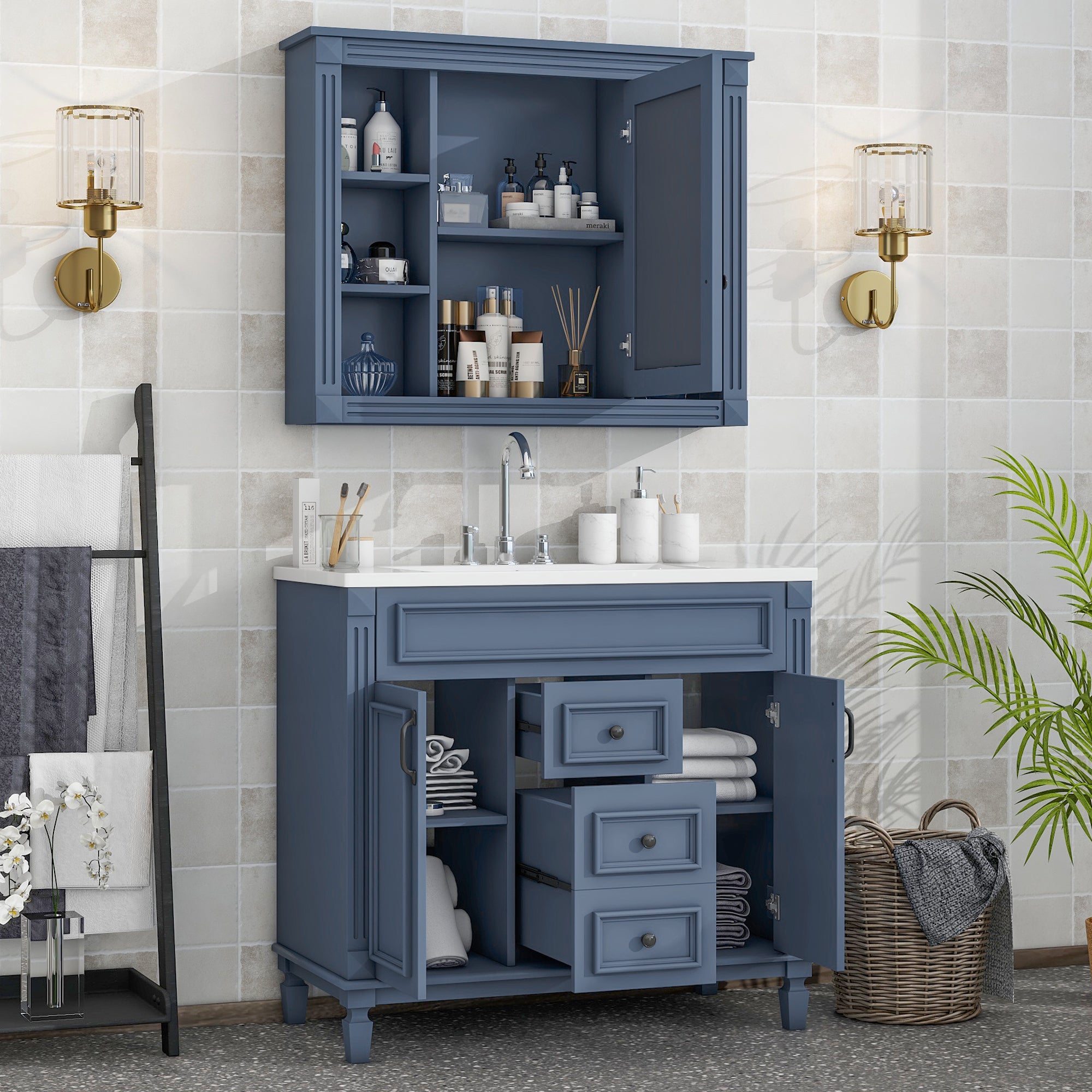 36'' Freestanding Bathroom Vanity Set with Mirror Cabinet