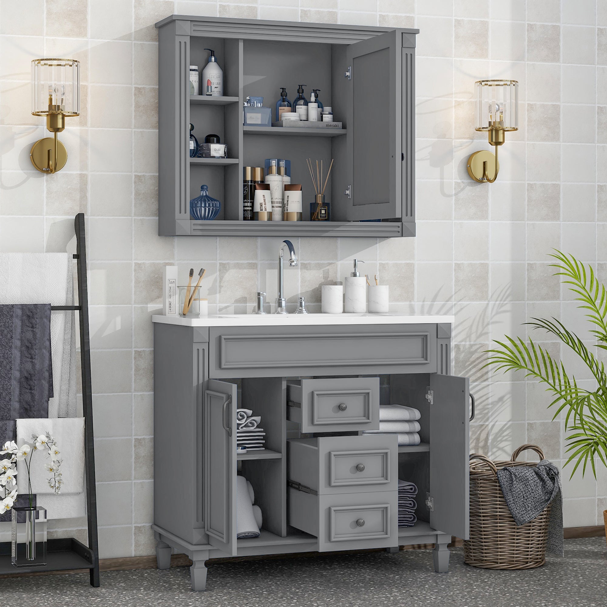 36'' Freestanding Bathroom Vanity Set with Mirror Cabinet