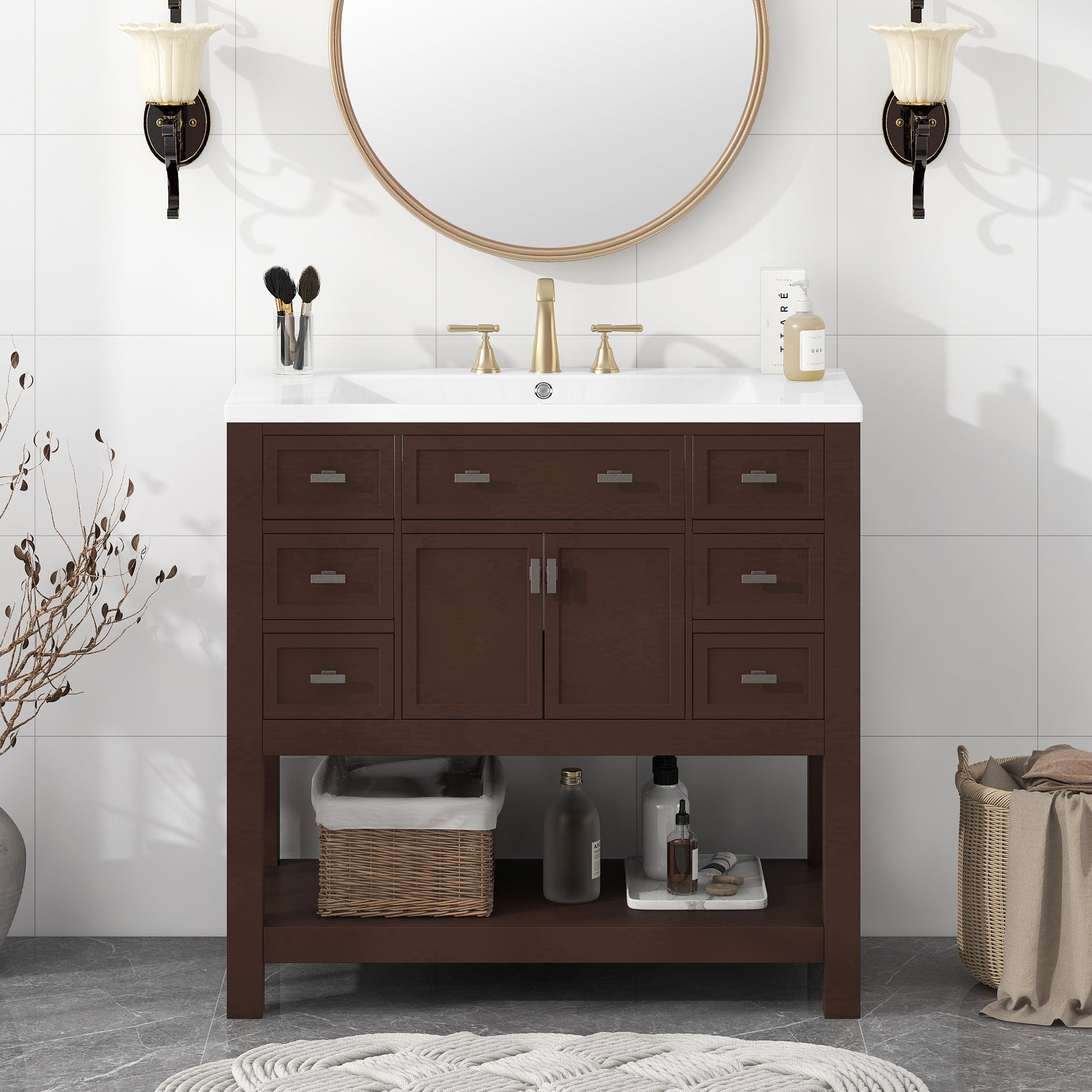 36'' Freestanding Bathroom Vanity Set with Integrated Resin Sink and Drawers