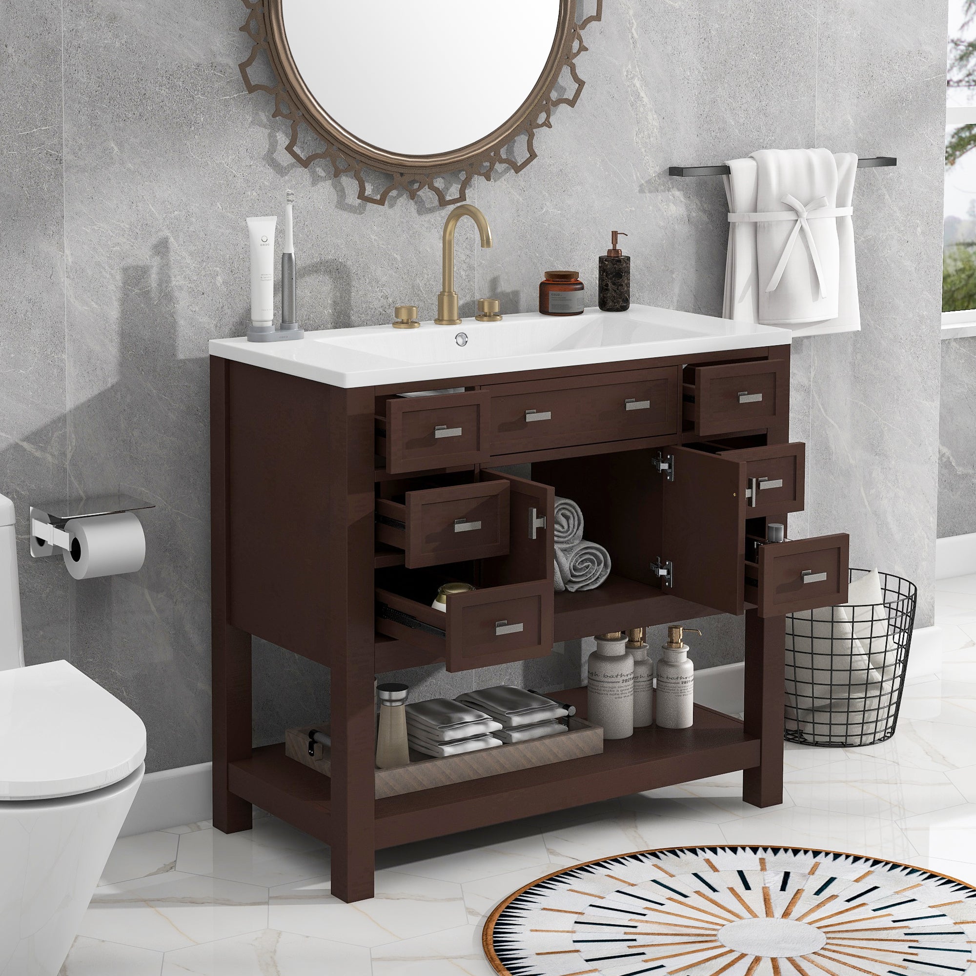 36'' Freestanding Bathroom Vanity Set with Integrated Resin Sink and Drawers