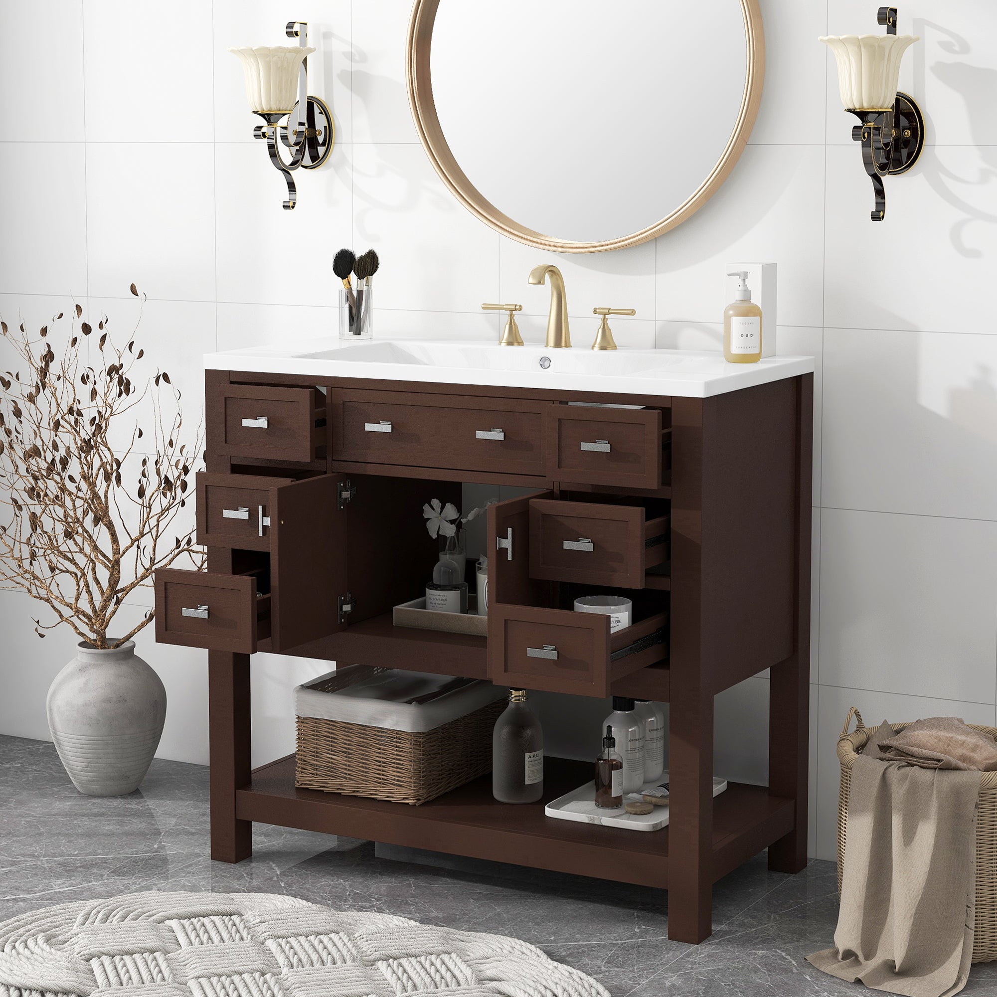 36'' Freestanding Bathroom Vanity Set with Integrated Resin Sink and Drawers