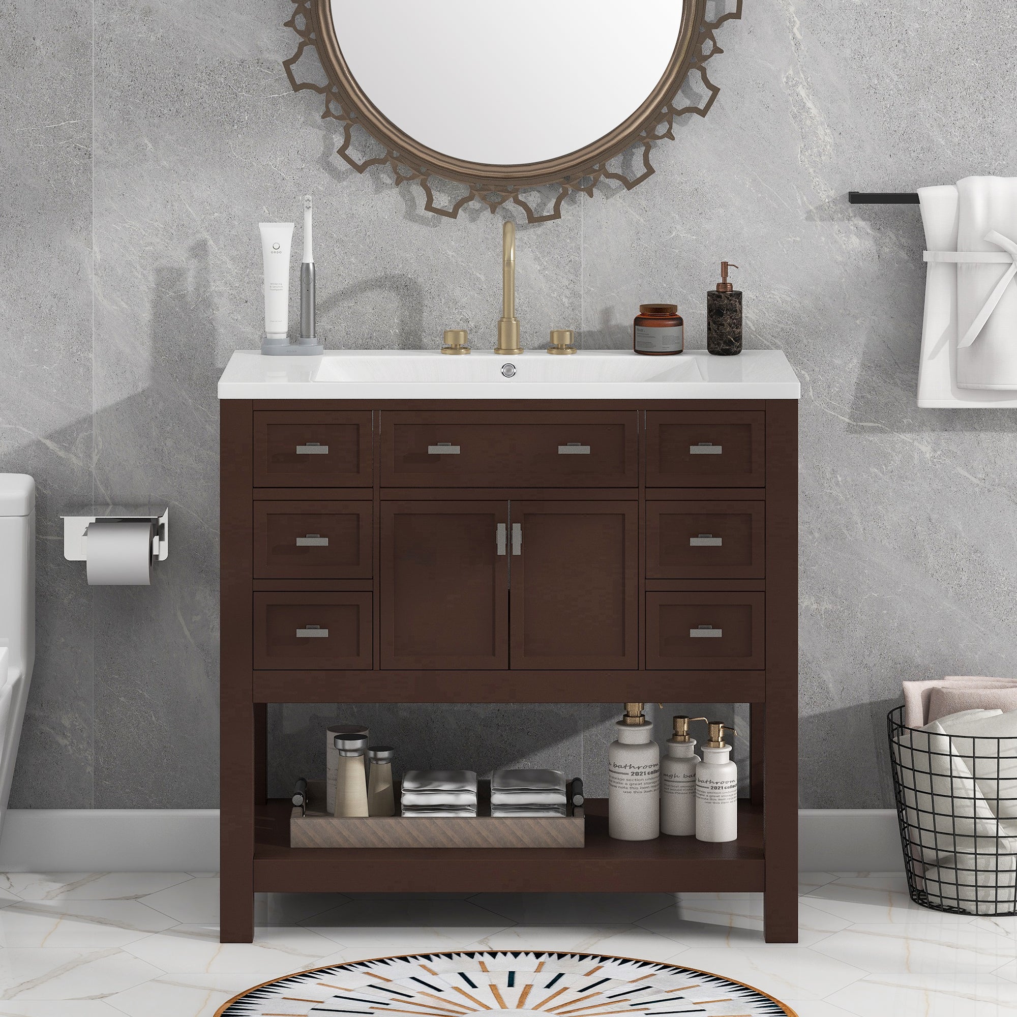 36'' Freestanding Bathroom Vanity Set with Integrated Resin Sink and Drawers