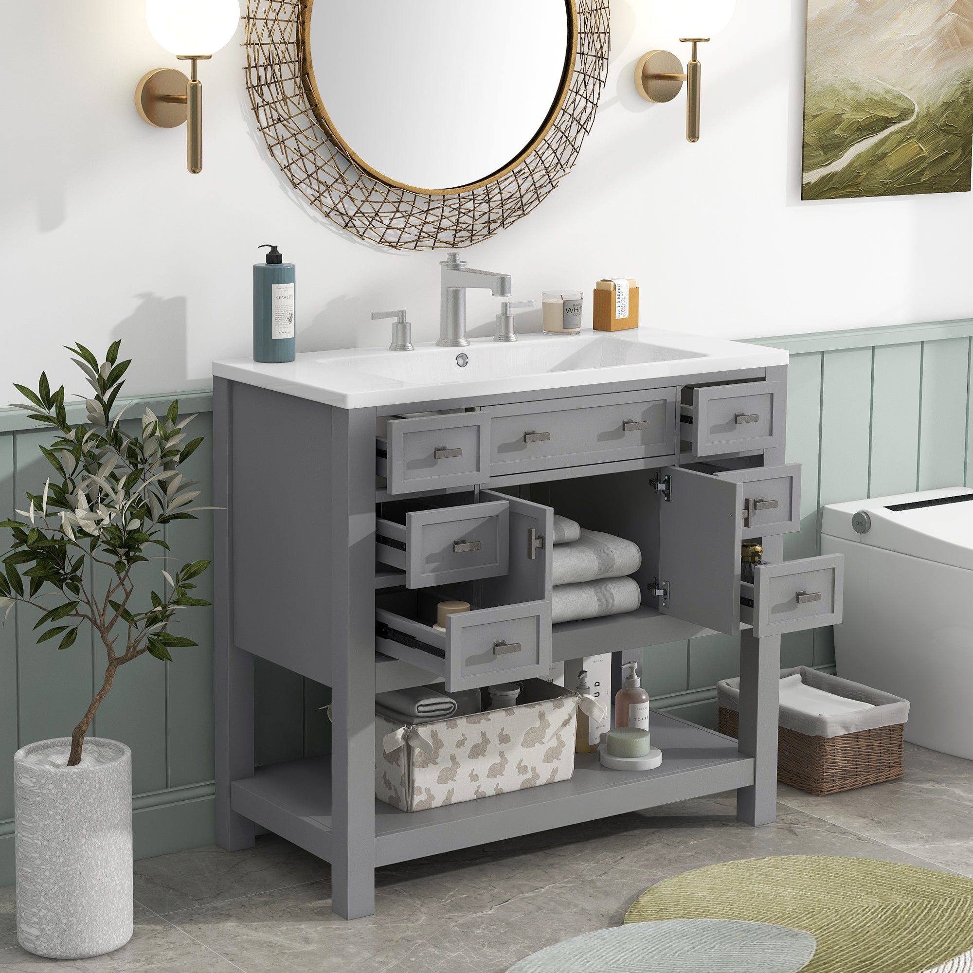36'' Freestanding Bathroom Vanity Set with Integrated Resin Sink and Drawers