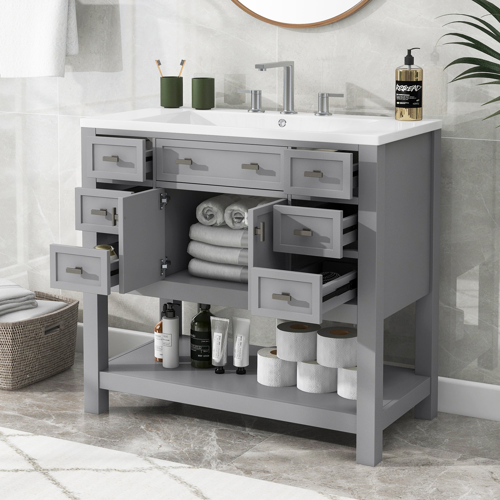 36'' Freestanding Bathroom Vanity Set with Integrated Resin Sink and Drawers