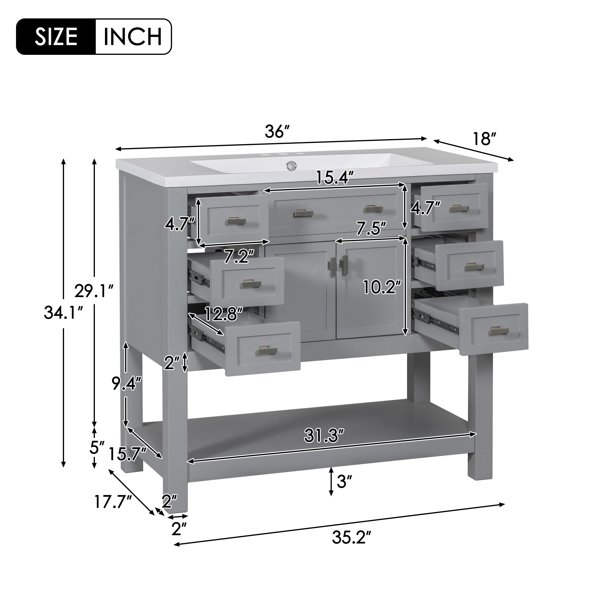 36'' Freestanding Bathroom Vanity Set with Integrated Resin Sink and Drawers
