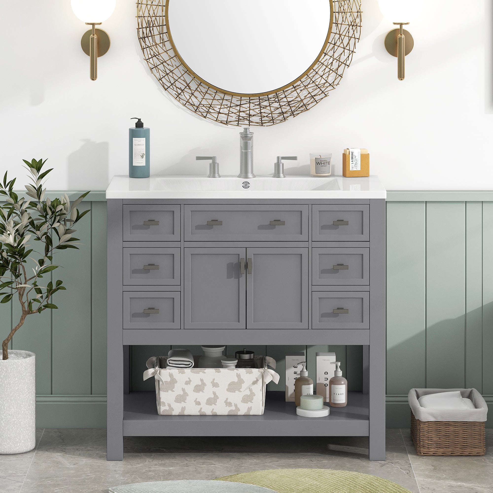 36'' Freestanding Bathroom Vanity Set with Integrated Resin Sink and Drawers