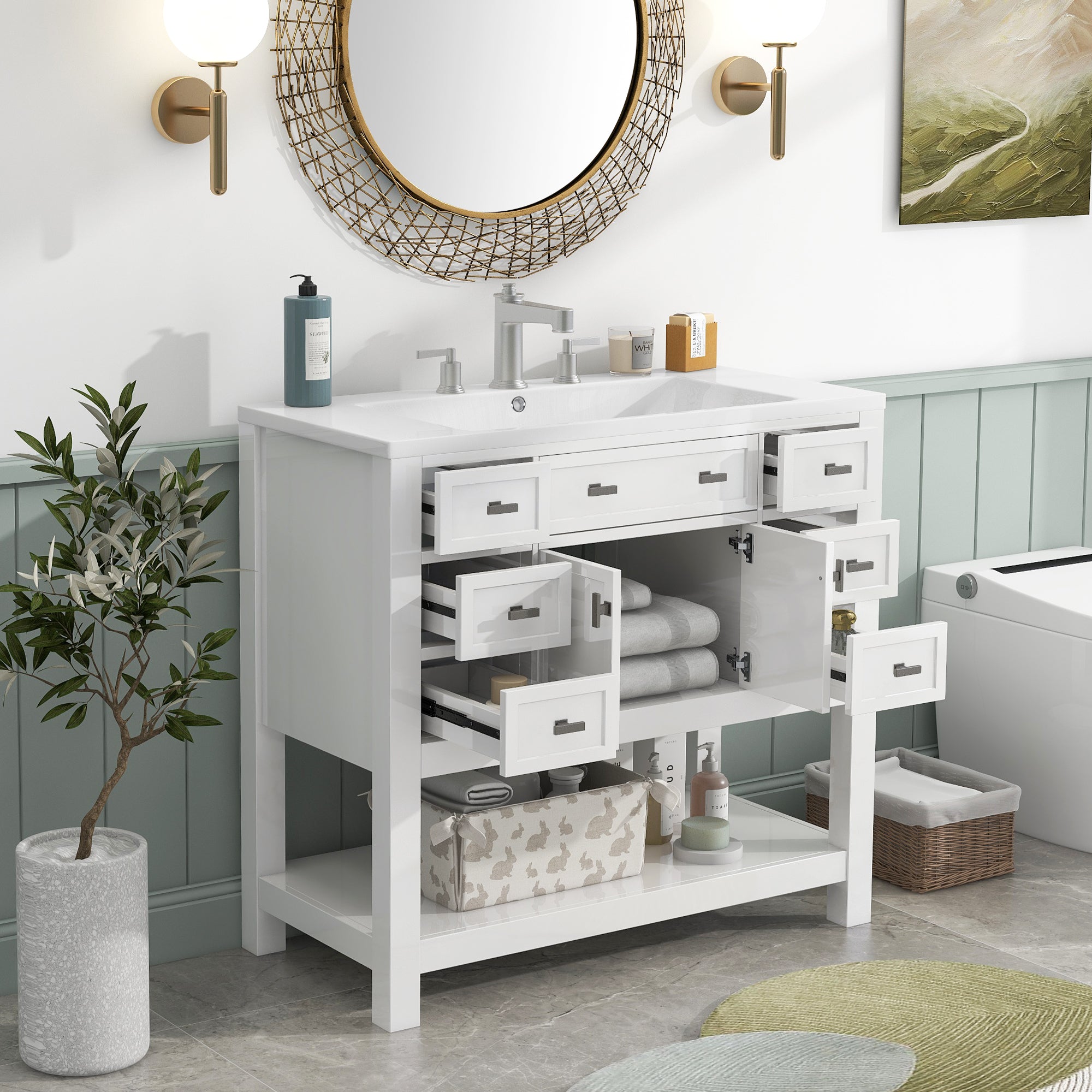 36'' Freestanding Bathroom Vanity Set with Integrated Resin Sink and Drawers