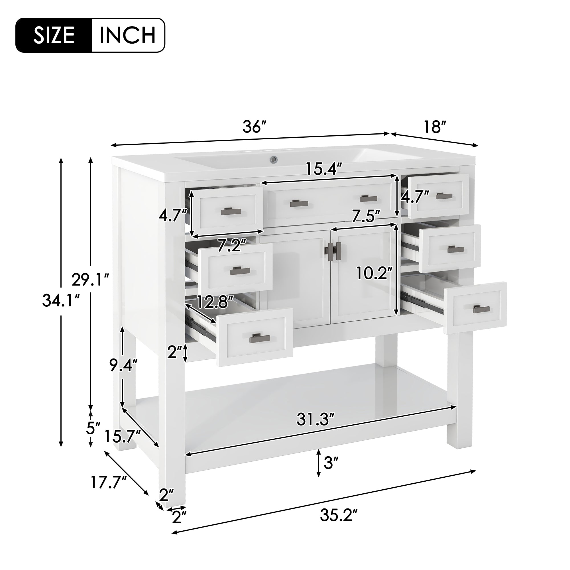 36'' Freestanding Bathroom Vanity Set with Integrated Resin Sink and Drawers