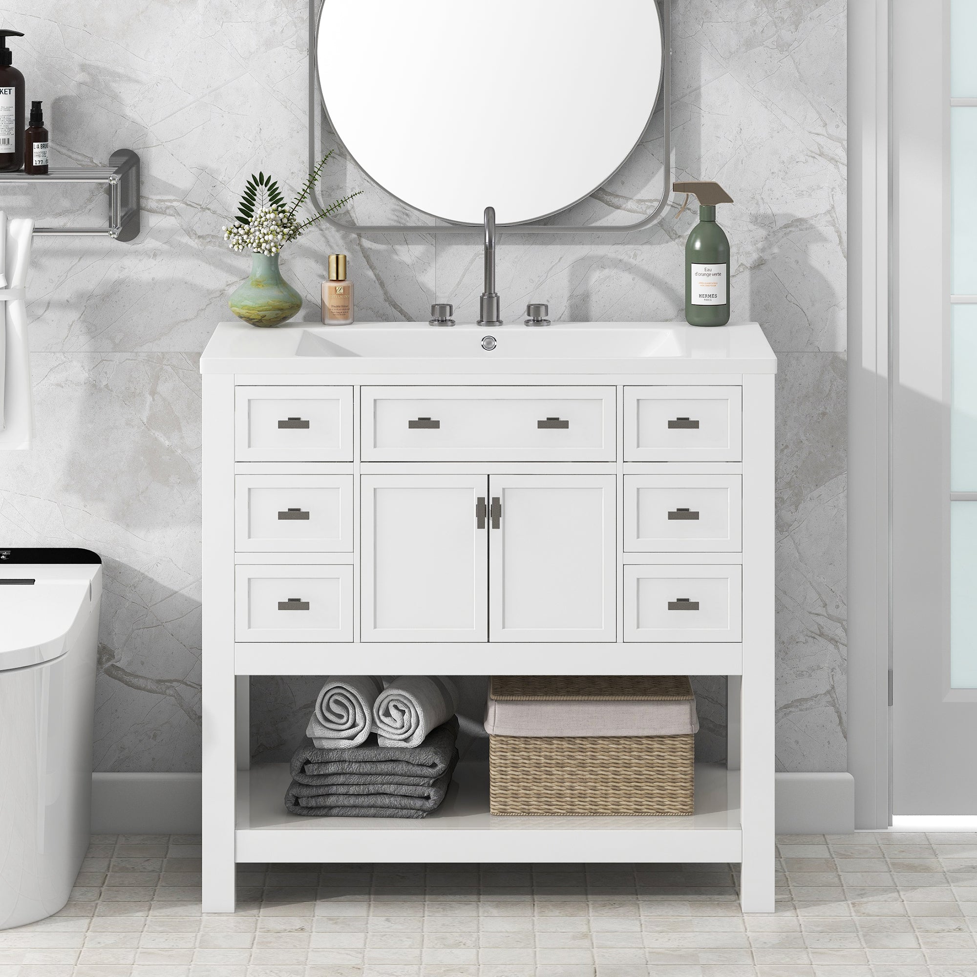 36'' Freestanding Bathroom Vanity Set with Integrated Resin Sink and Drawers