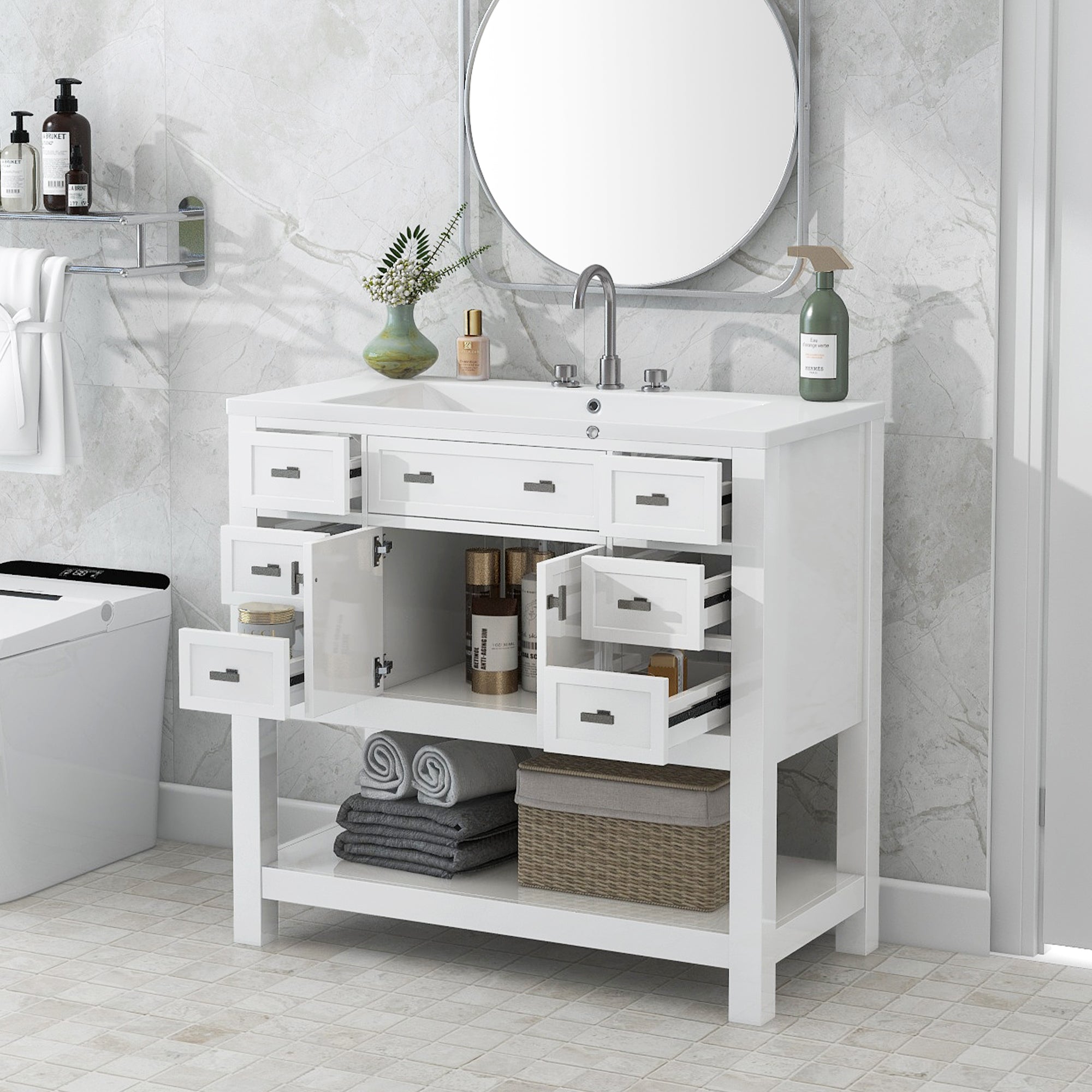 36'' Freestanding Bathroom Vanity Set with Integrated Resin Sink and Drawers