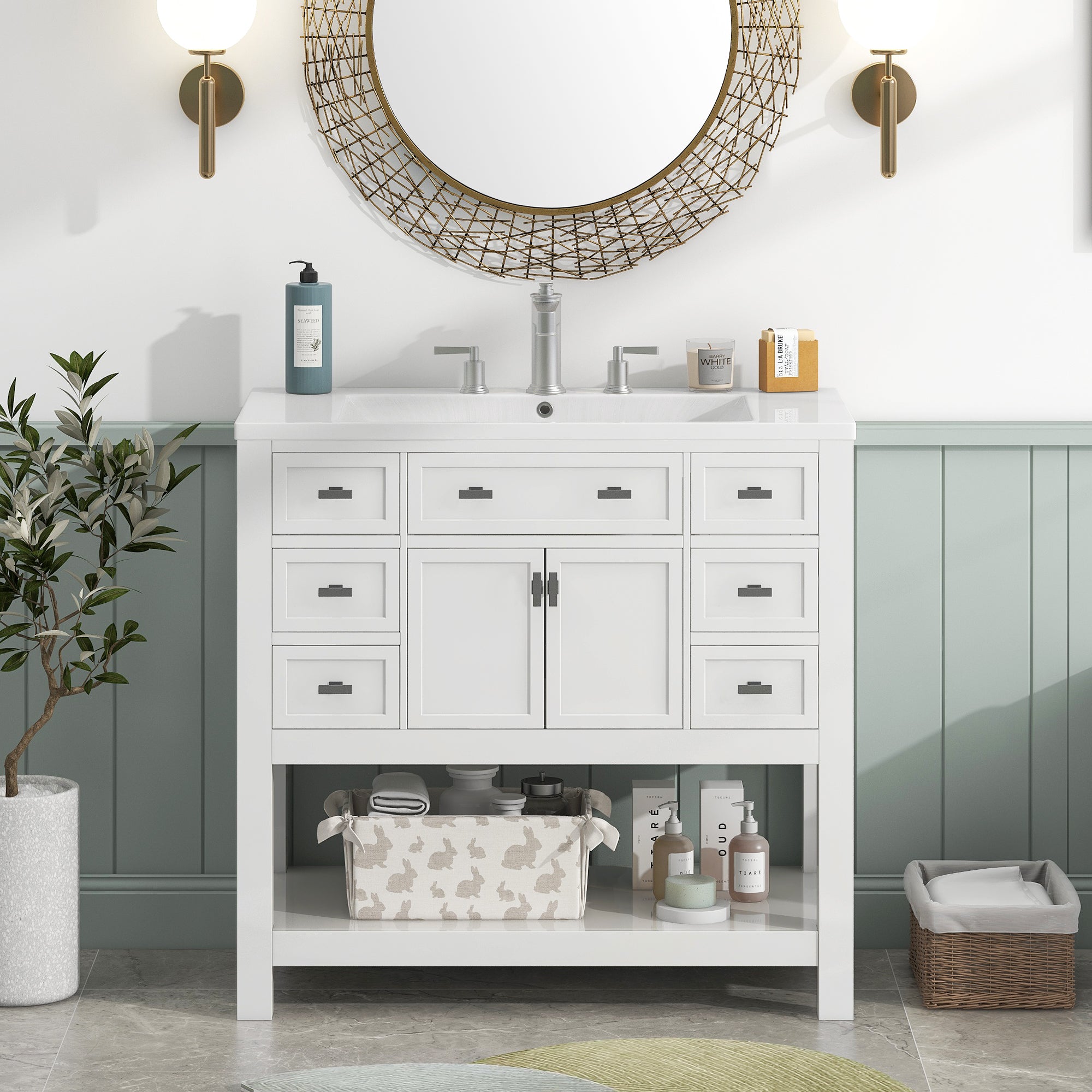 36'' Freestanding Bathroom Vanity Set with Integrated Resin Sink and Drawers